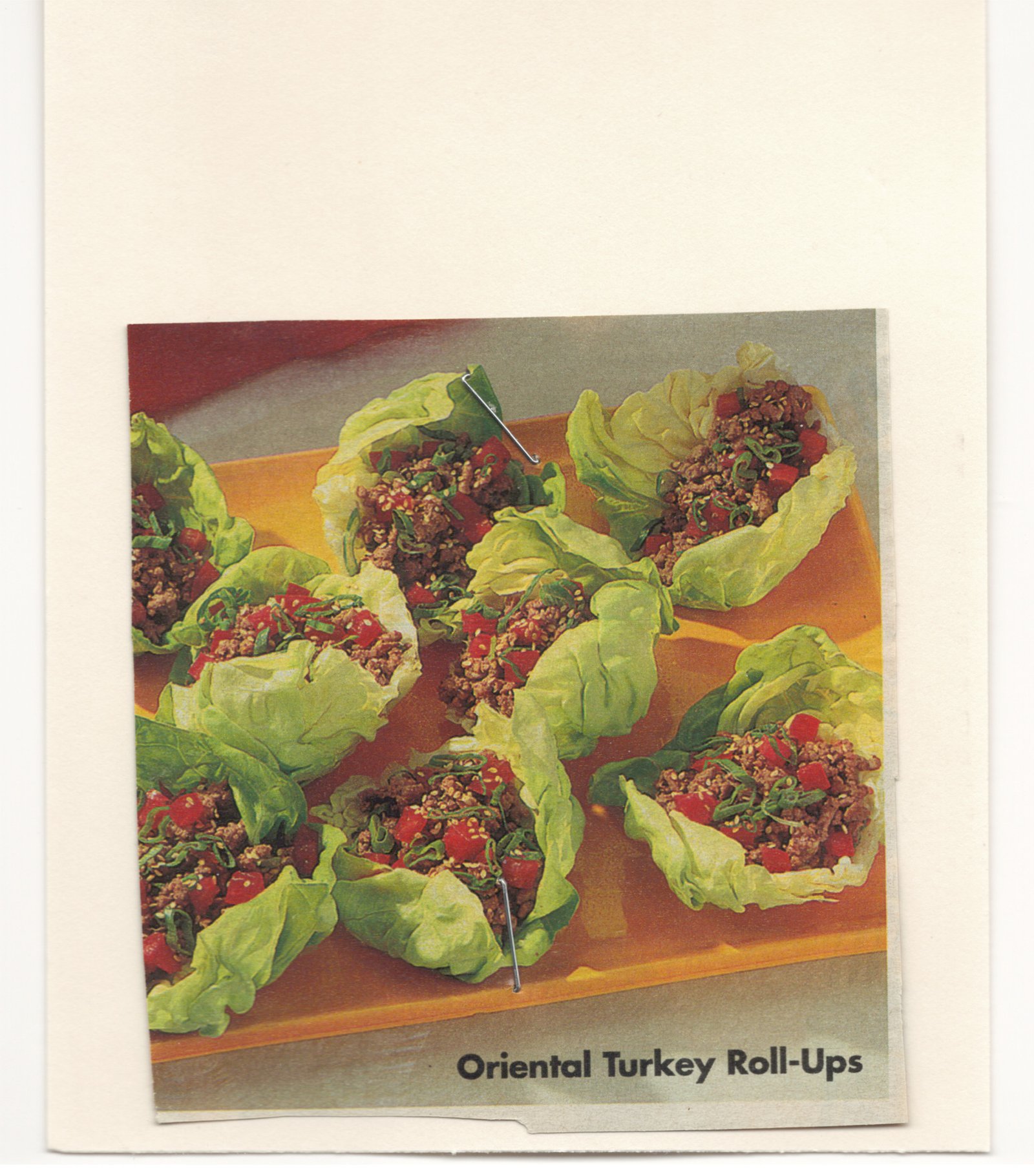 Original front of the Oriental Turkey Roll-Ups two-sided assembled magazine clipping from My Mom's Recipe Box