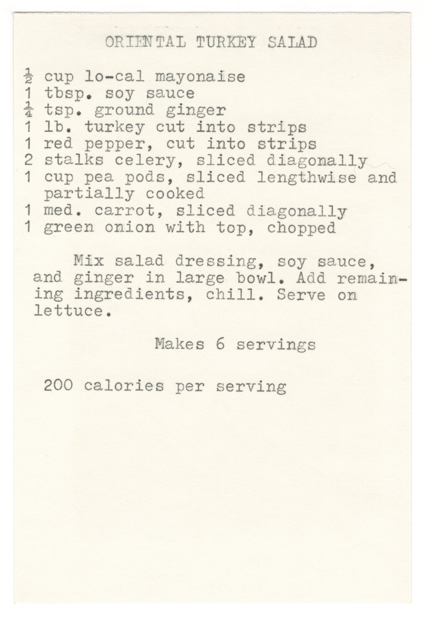 Original card of the Oriental Turkey Salad typewritten recipe card from My Mom's Recipe Box