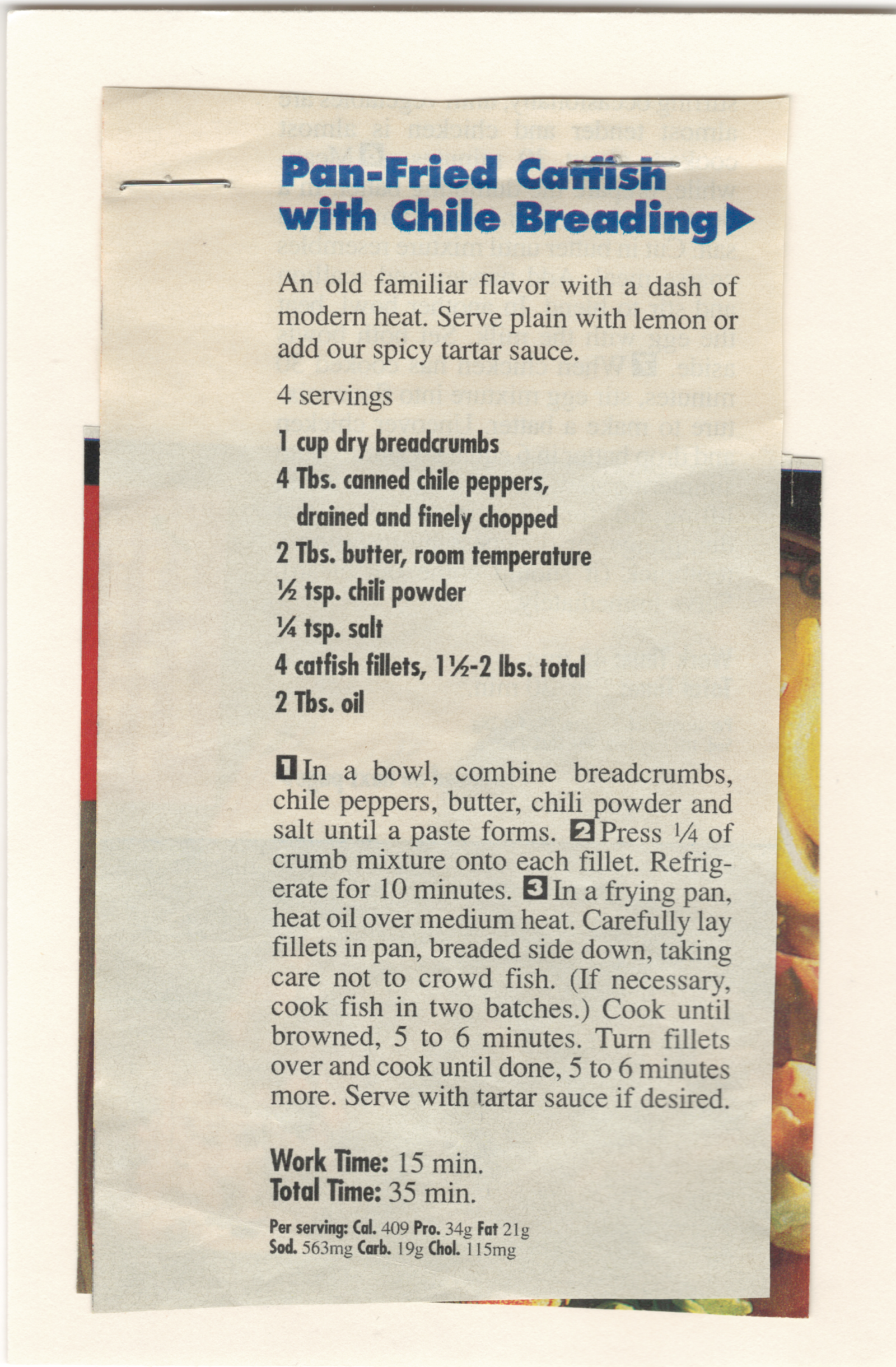Original back of the Pan-Fried Catfish with Chile Breading printed clipping from My Mom's Recipe Box