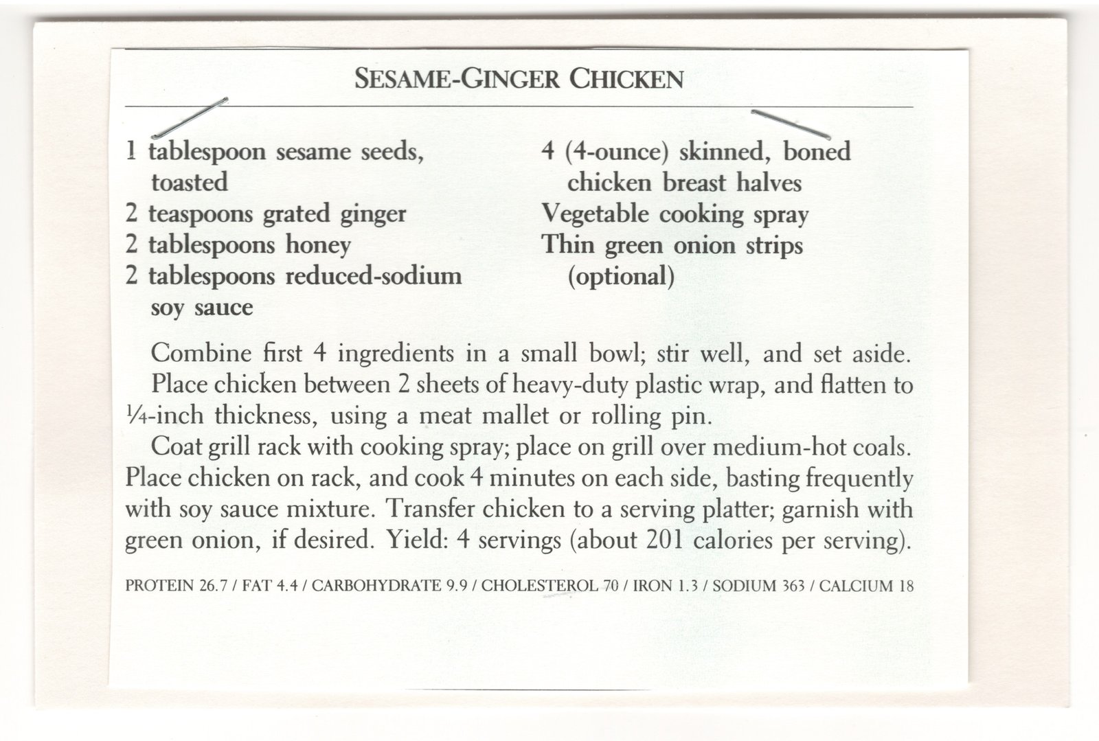 Original front of the Sesame-Ginger Chicken two-sided mounted recipe clipping from My Mom's Recipe Box
