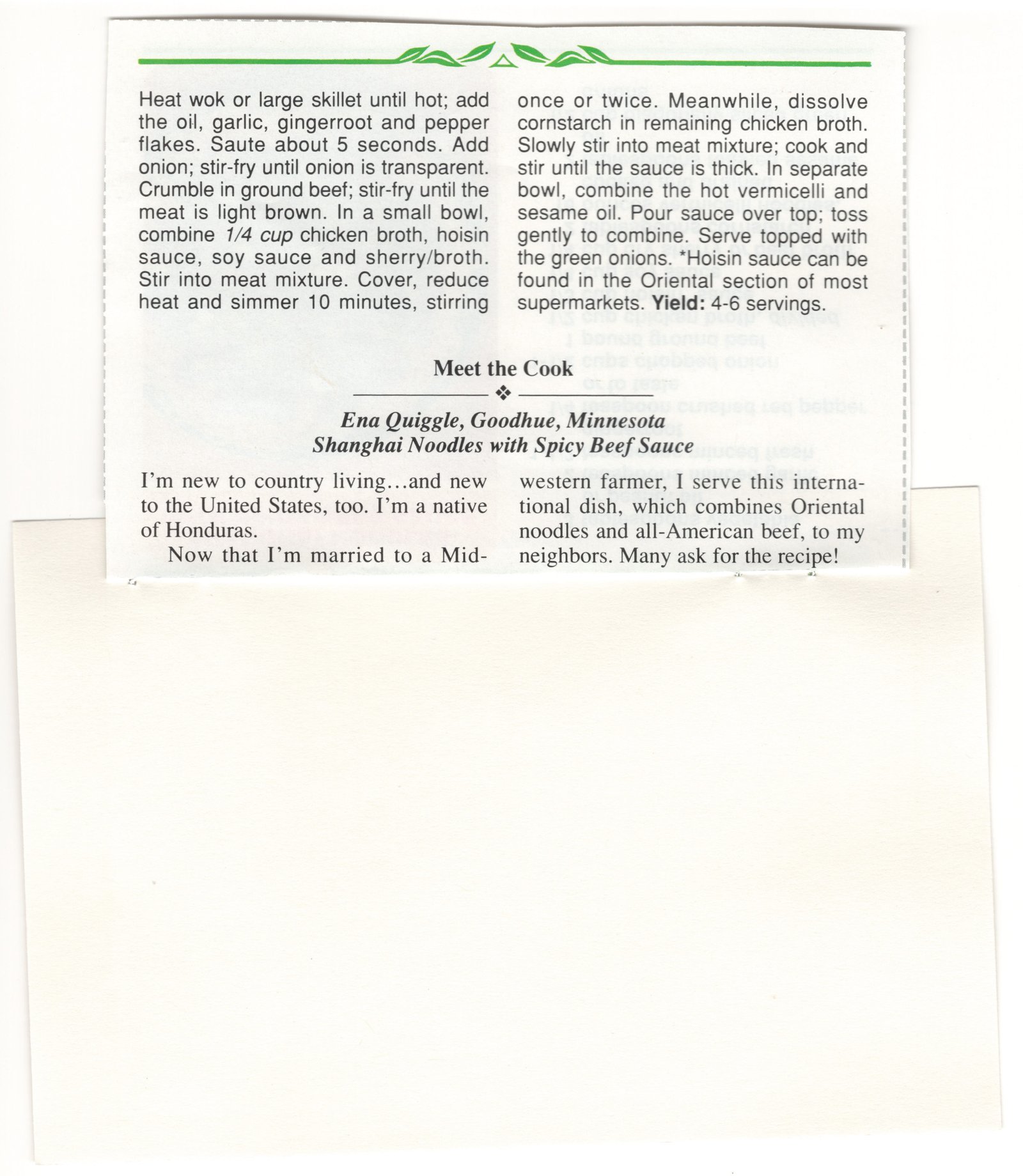 Original back of the Shanghai Noodles With Spicy Beef Sauce two-sided magazine recipe clipping from My Mom's Recipe Box
