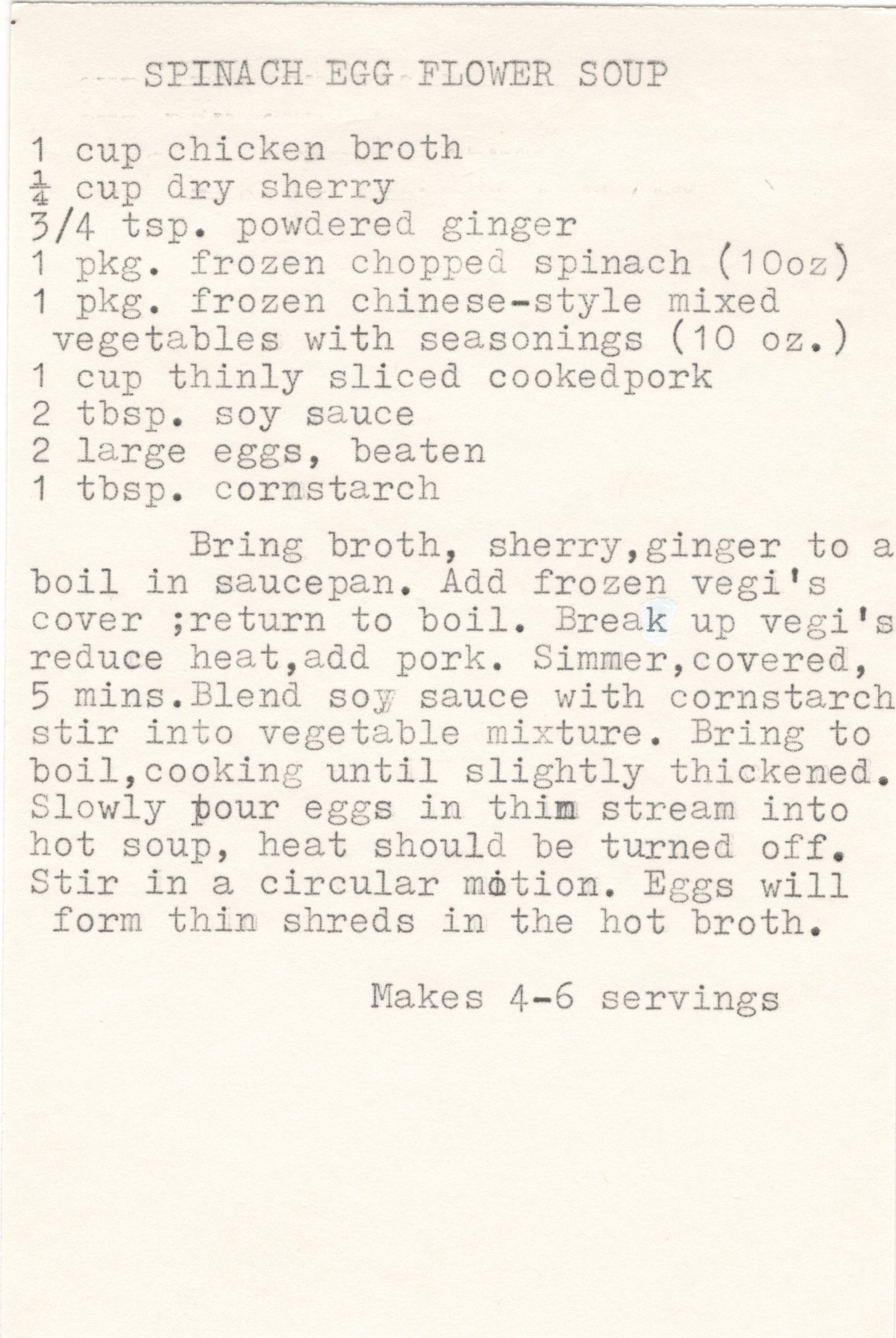 Original card of the Spinach Egg-Flower Soup typewritten recipe card from My Mom's Recipe Box