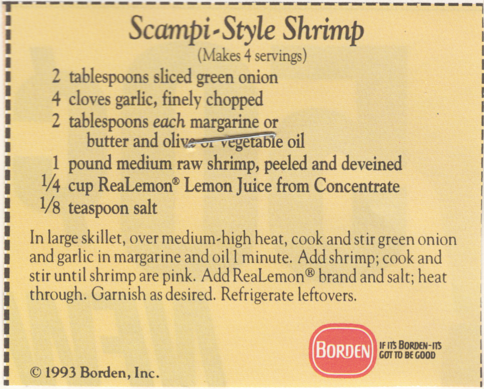 Original card of the Scampi-Style Shrimp printed clipping from My Mom's Recipe Box