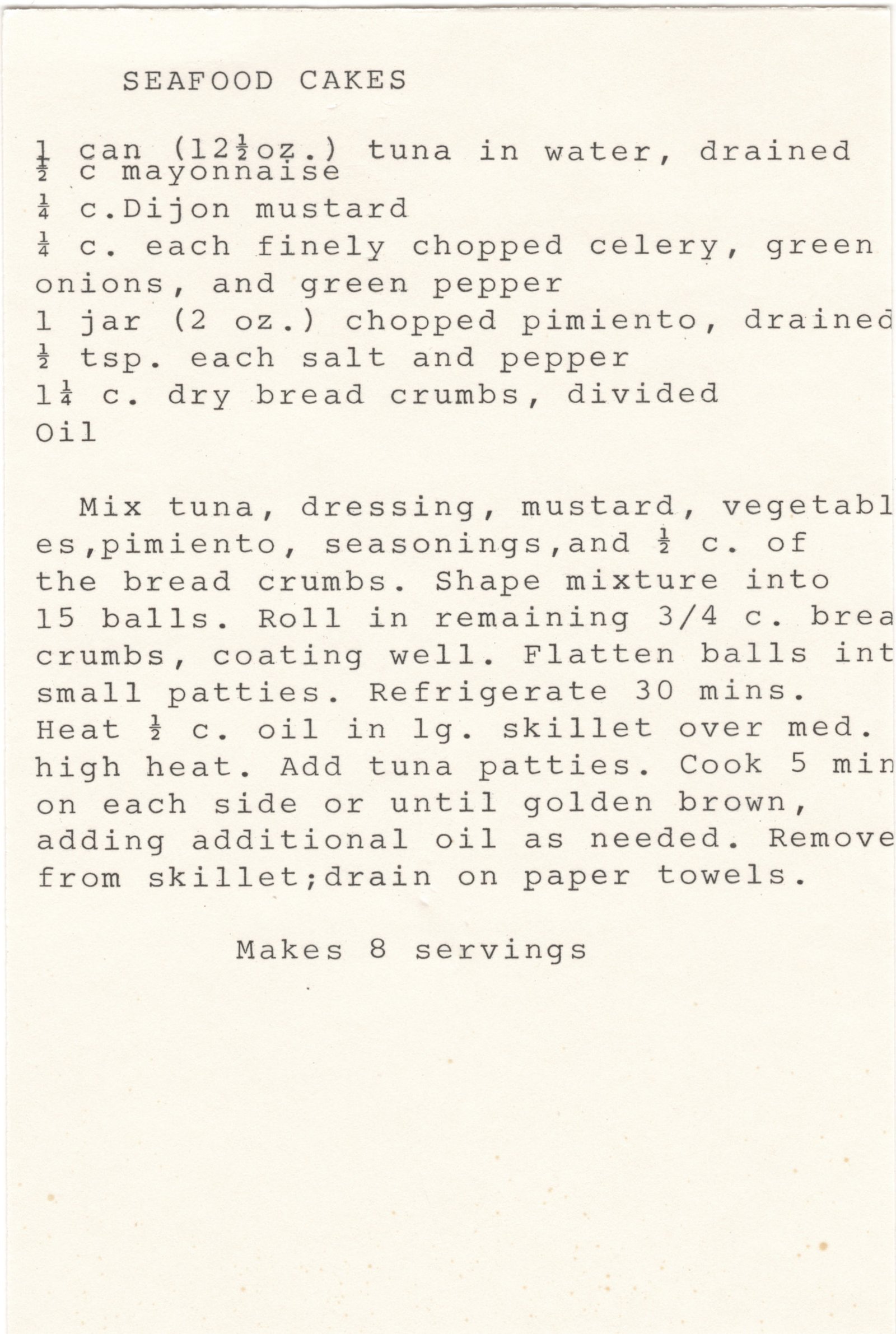 Original card of the Seafood Cakes typewritten recipe card from My Mom's Recipe Box