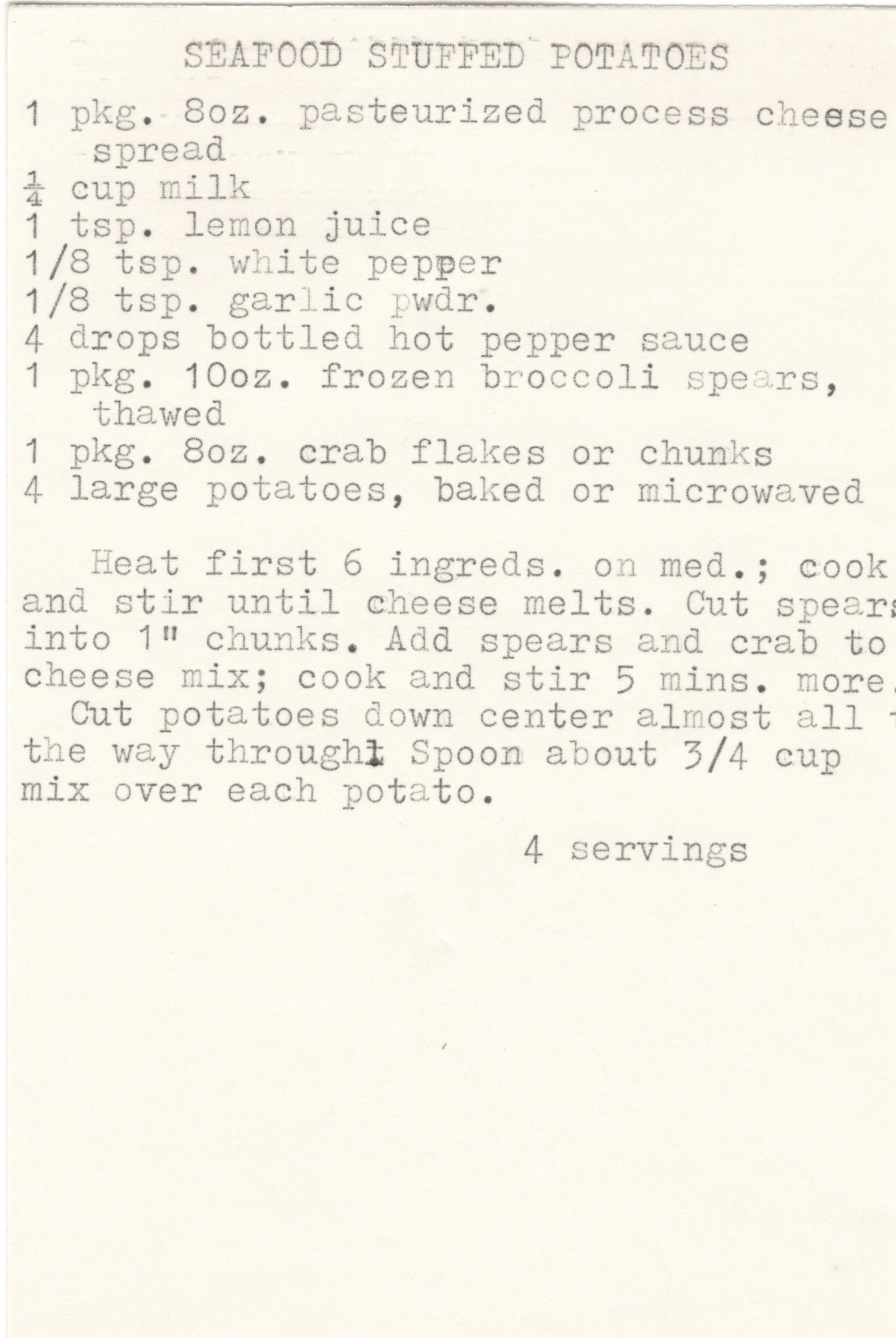 Original card of the Seafood Stuffed Potatoes typewritten recipe card from My Mom's Recipe Box