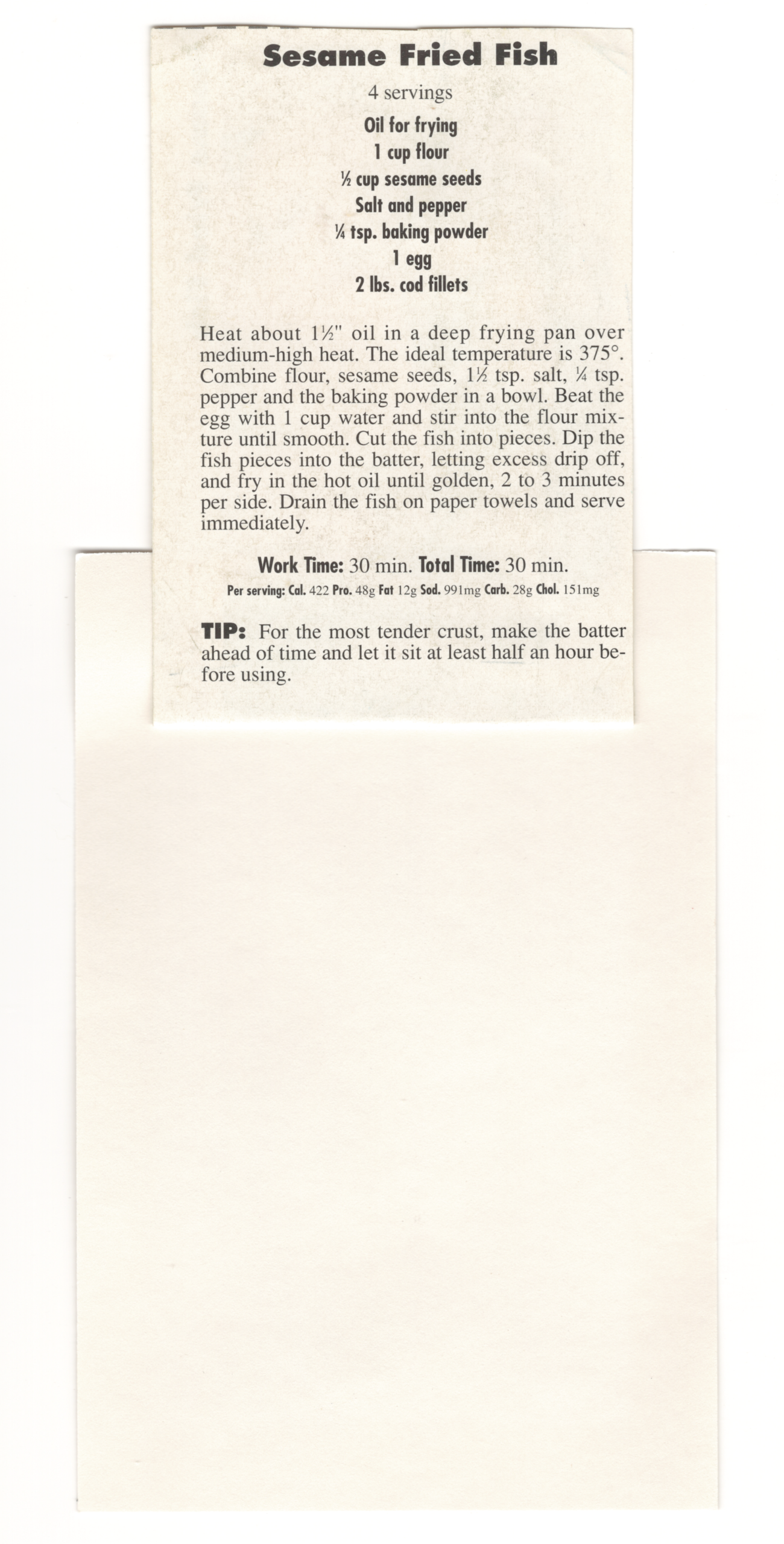 Original back of the Sesame Fried Fish printed clipping from My Mom's Recipe Box