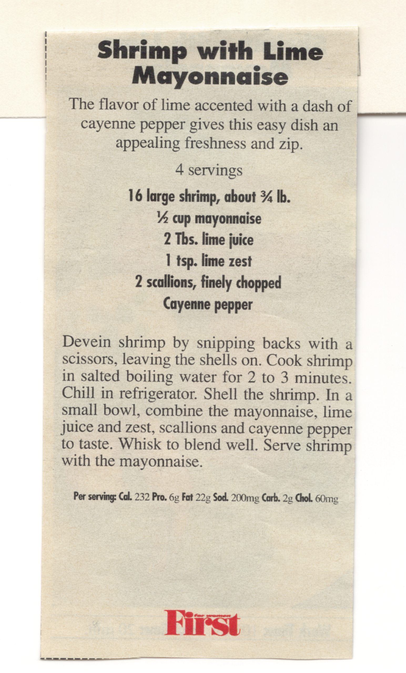 Original back of the Shrimp with Lime Mayonnaise printed clipping from My Mom's Recipe Box