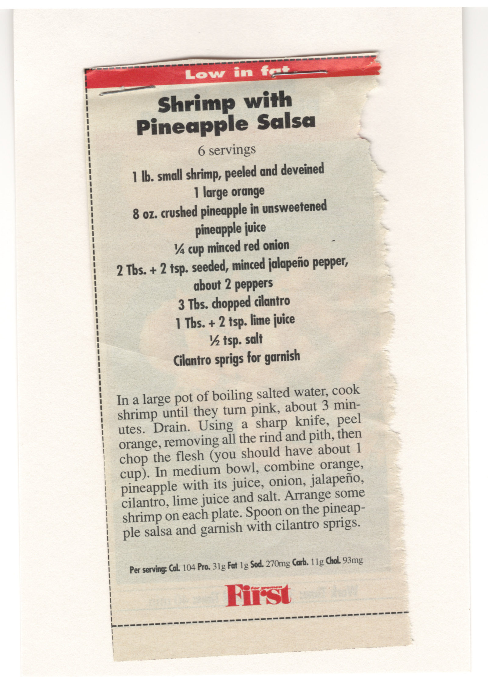 Original back of the Shrimp with Pineapple Salsa printed clipping from My Mom's Recipe Box