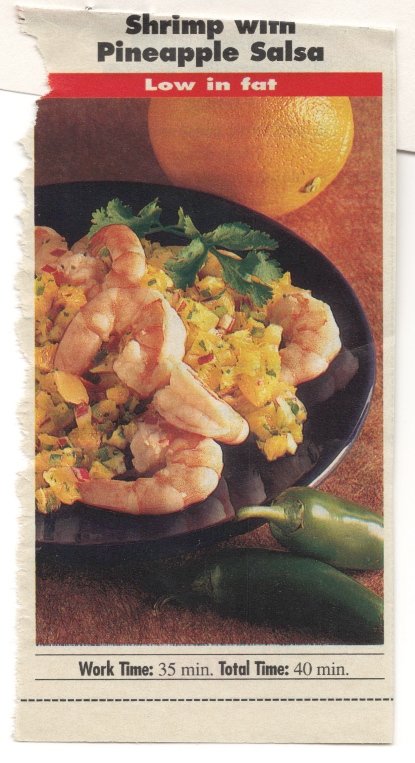 Original front of the Shrimp with Pineapple Salsa printed clipping from My Mom's Recipe Box