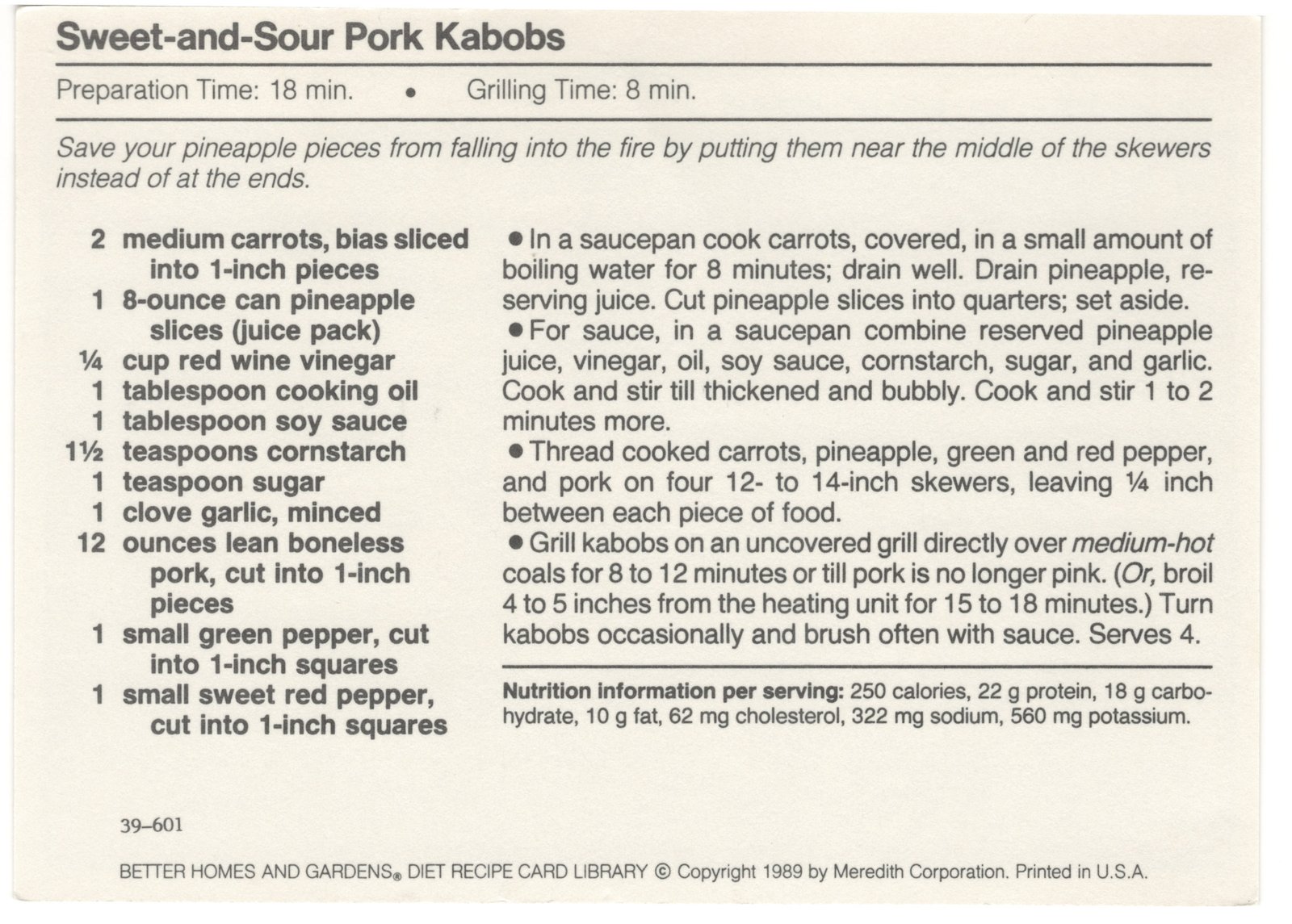 Original back of the Sweet-and-Sour Pork Kabobs two-sided Better Homes and Gardens recipe card from My Mom's Recipe Box