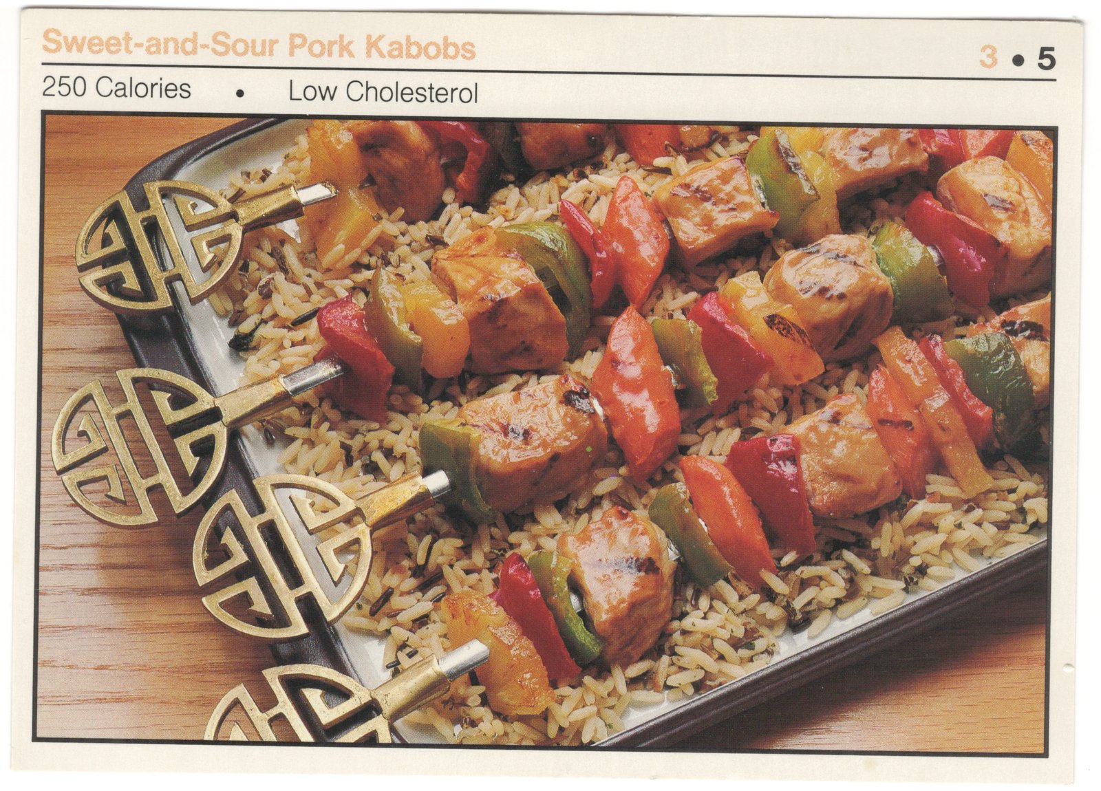 Original front of the Sweet-and-Sour Pork Kabobs two-sided Better Homes and Gardens recipe card from My Mom's Recipe Box