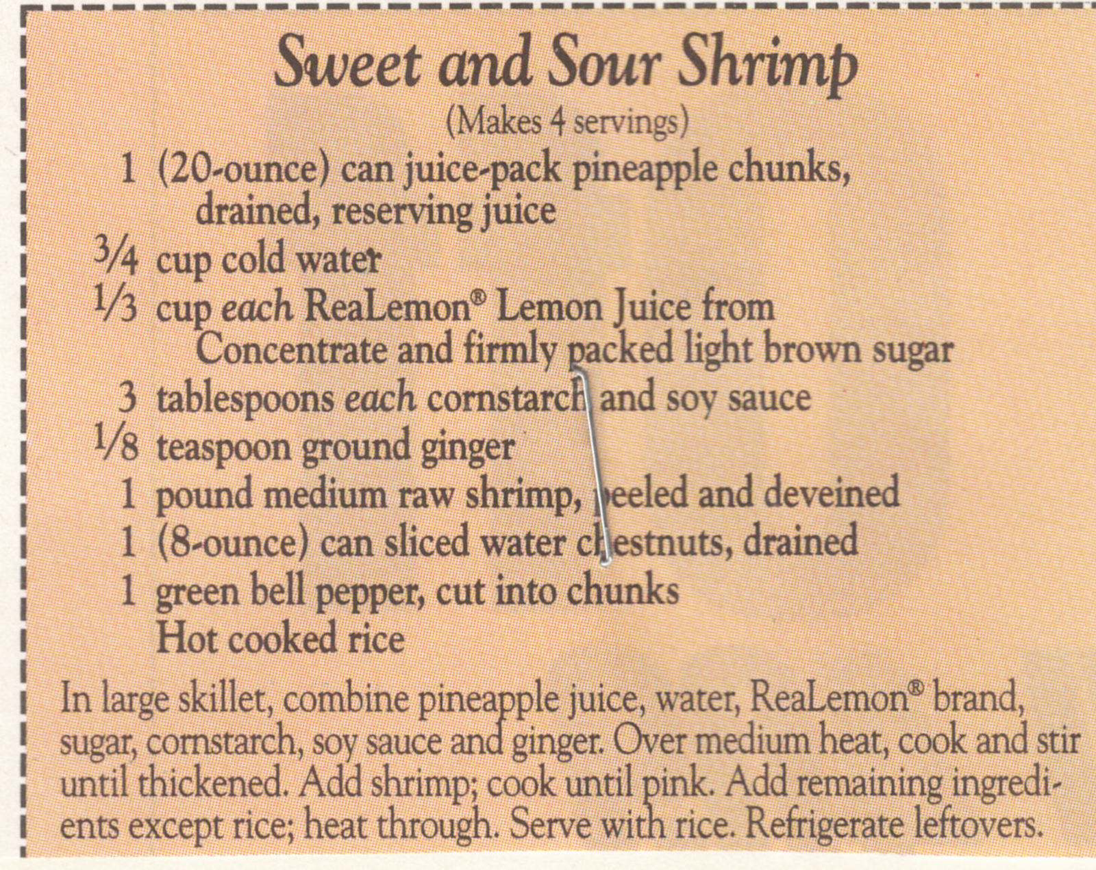 Original card of the Sweet and Sour Shrimp printed clipping from My Mom's Recipe Box