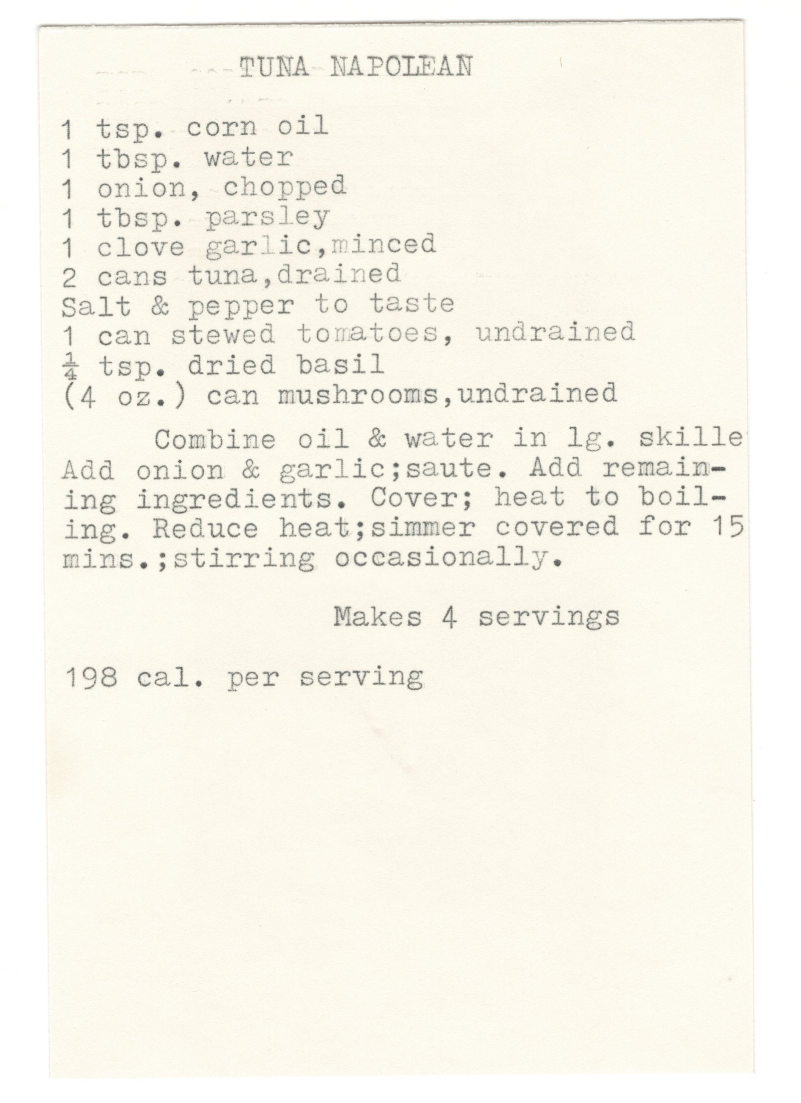 Original card of the Tuna Napolean typewritten recipe card from My Mom's Recipe Box
