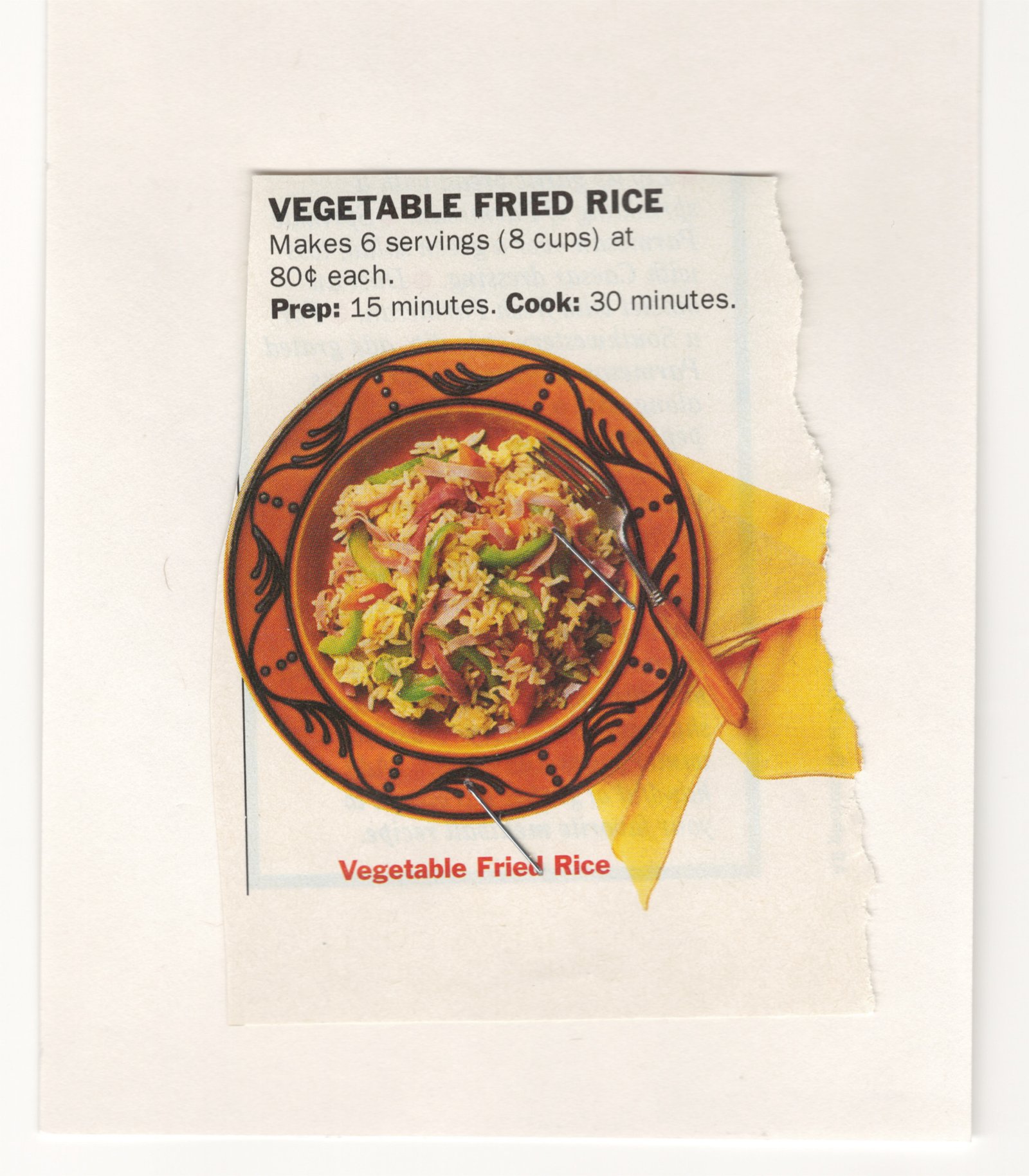 Original front of the Vegetable Fried Rice two-sided Family Circle recipe clipping from My Mom's Recipe Box