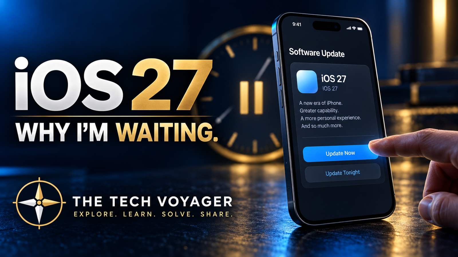 iOS 27 update screen with a pause motif for THE Tech Voyager