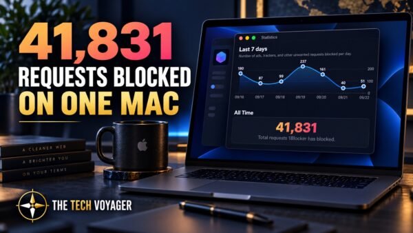 Mac displaying OneBlocker statistics with 41,831 requests blocked on one device
