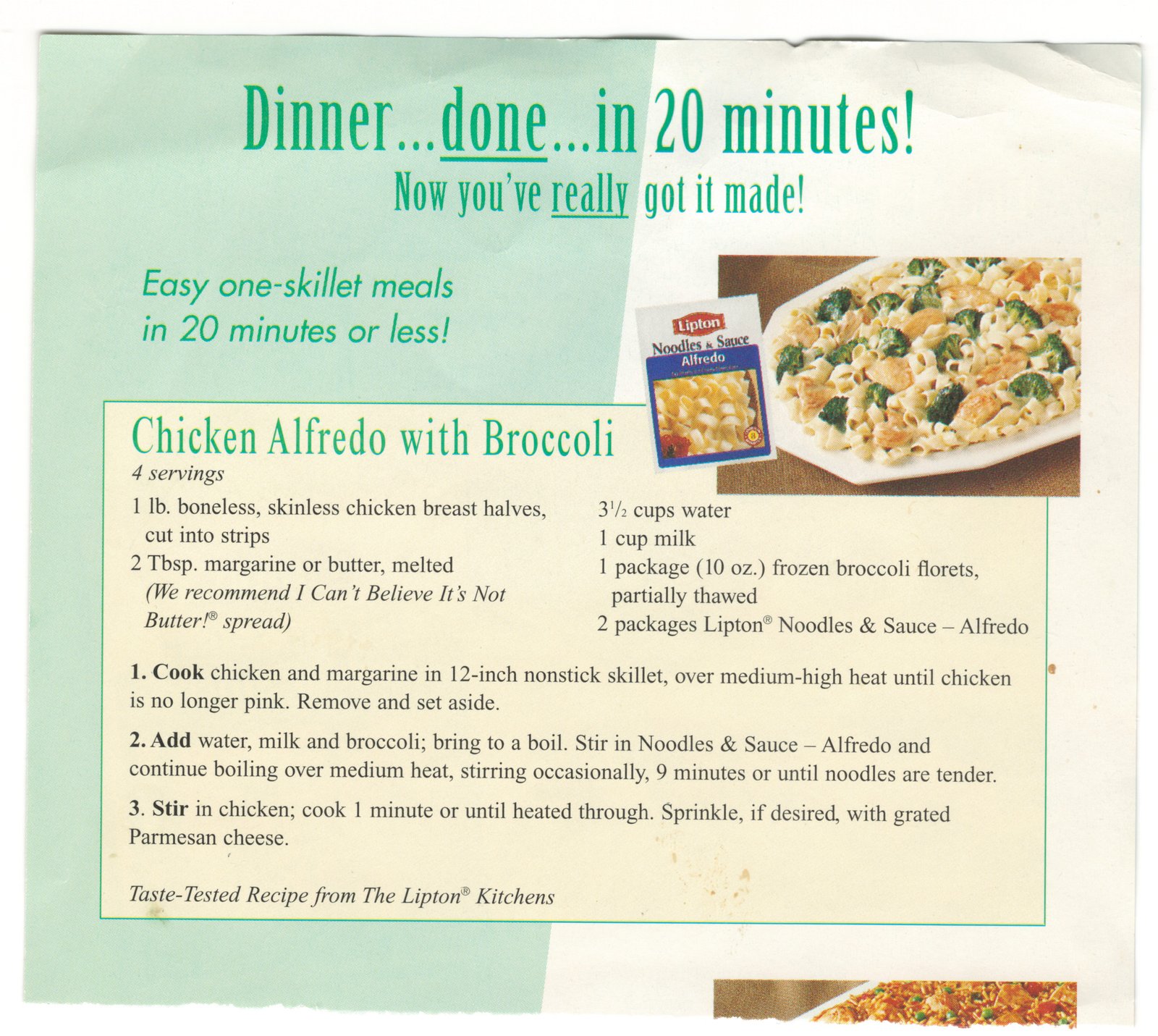 Original card of the Chicken Alfredo with Broccoli printed recipe card from My Mom's Recipe Box.