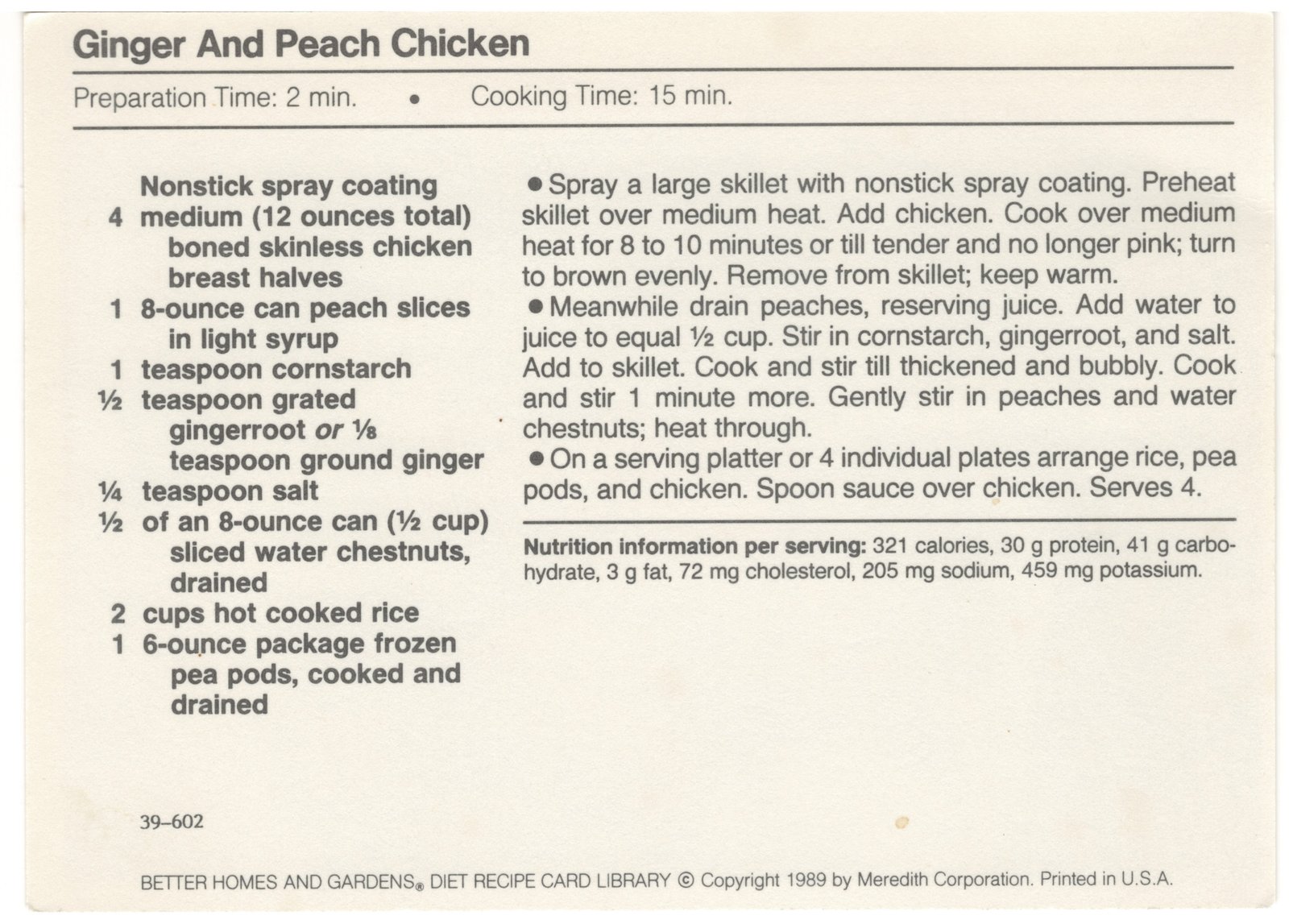 Original back of the Ginger And Peach Chicken printed diet recipe card from My Mom's Recipe Box.