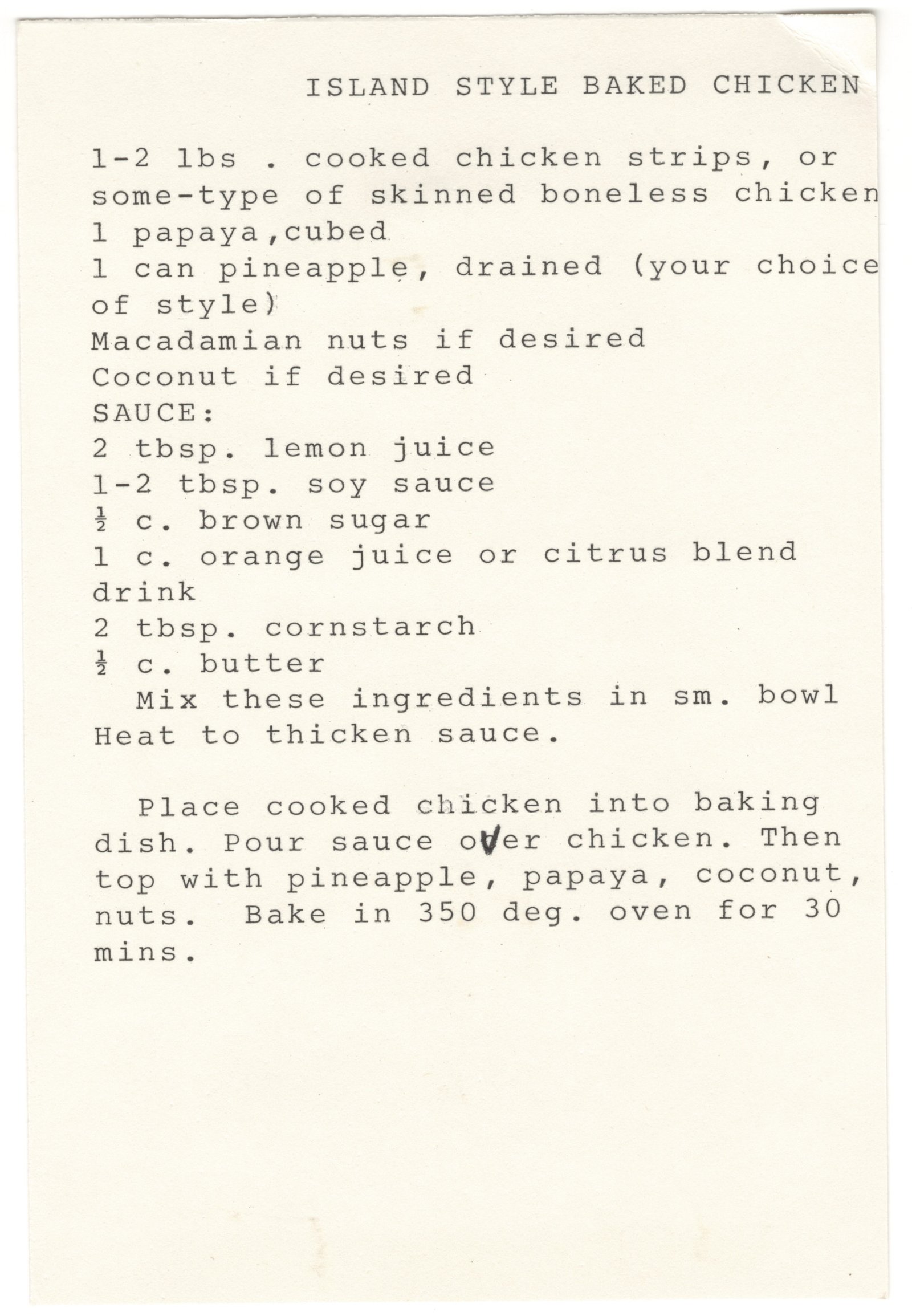 Original card of the Island Style Baked Chicken typewritten recipe card from My Mom's Recipe Box.