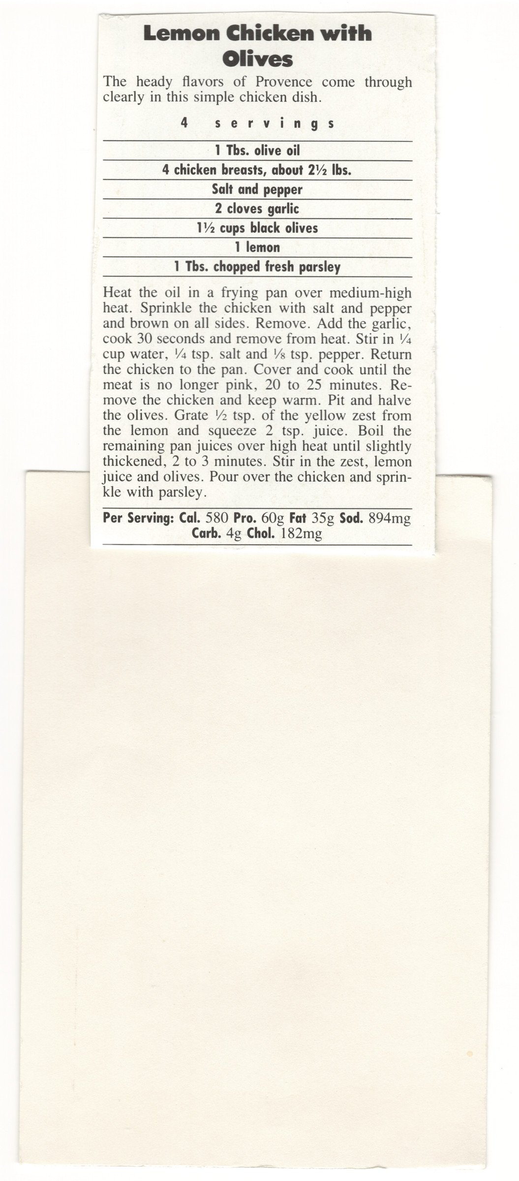 Original back of the Lemon Chicken with Olives magazine clipping mounted on card from My Mom's Recipe Box.