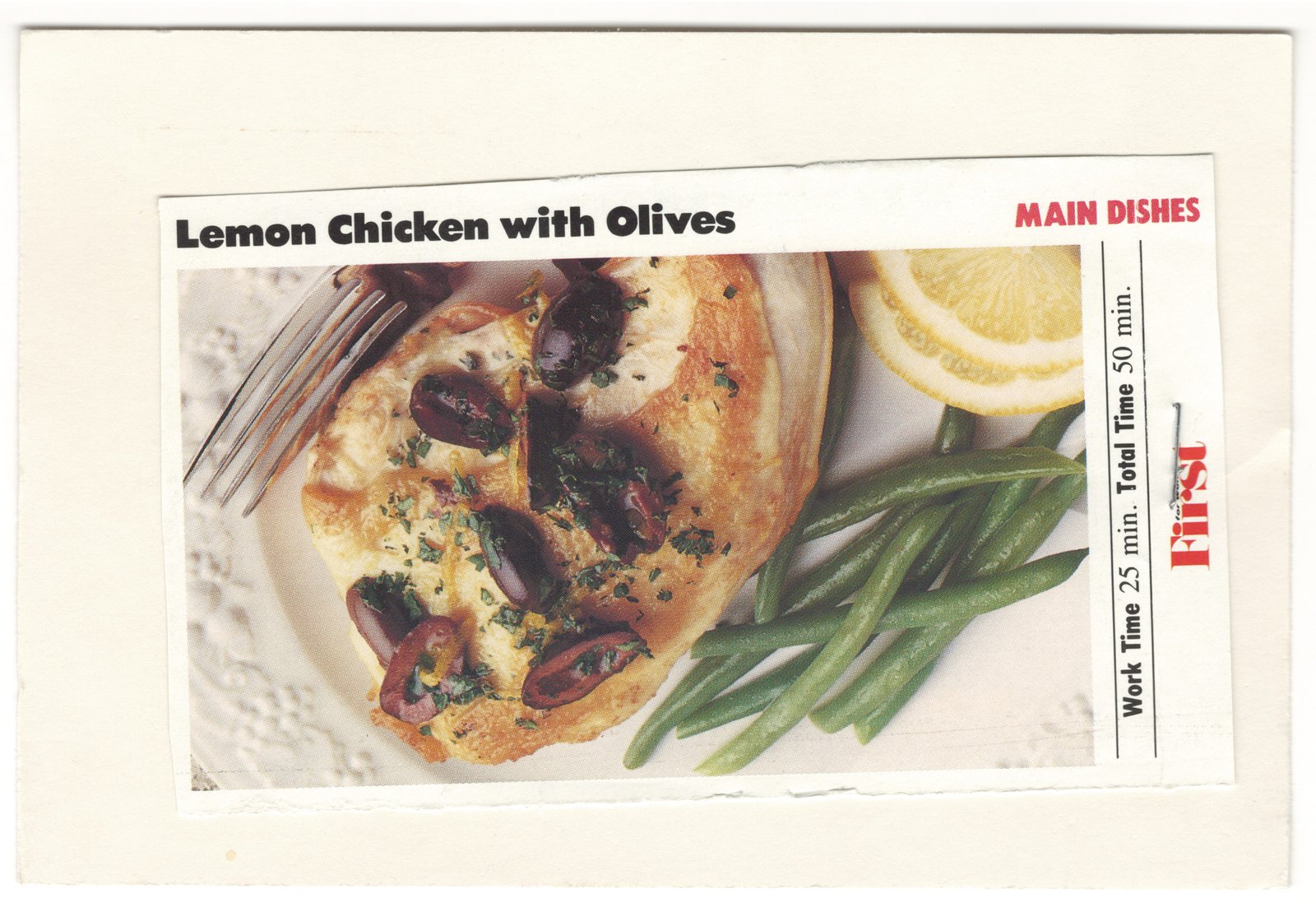 Original front of the Lemon Chicken with Olives magazine clipping mounted on card from My Mom's Recipe Box.