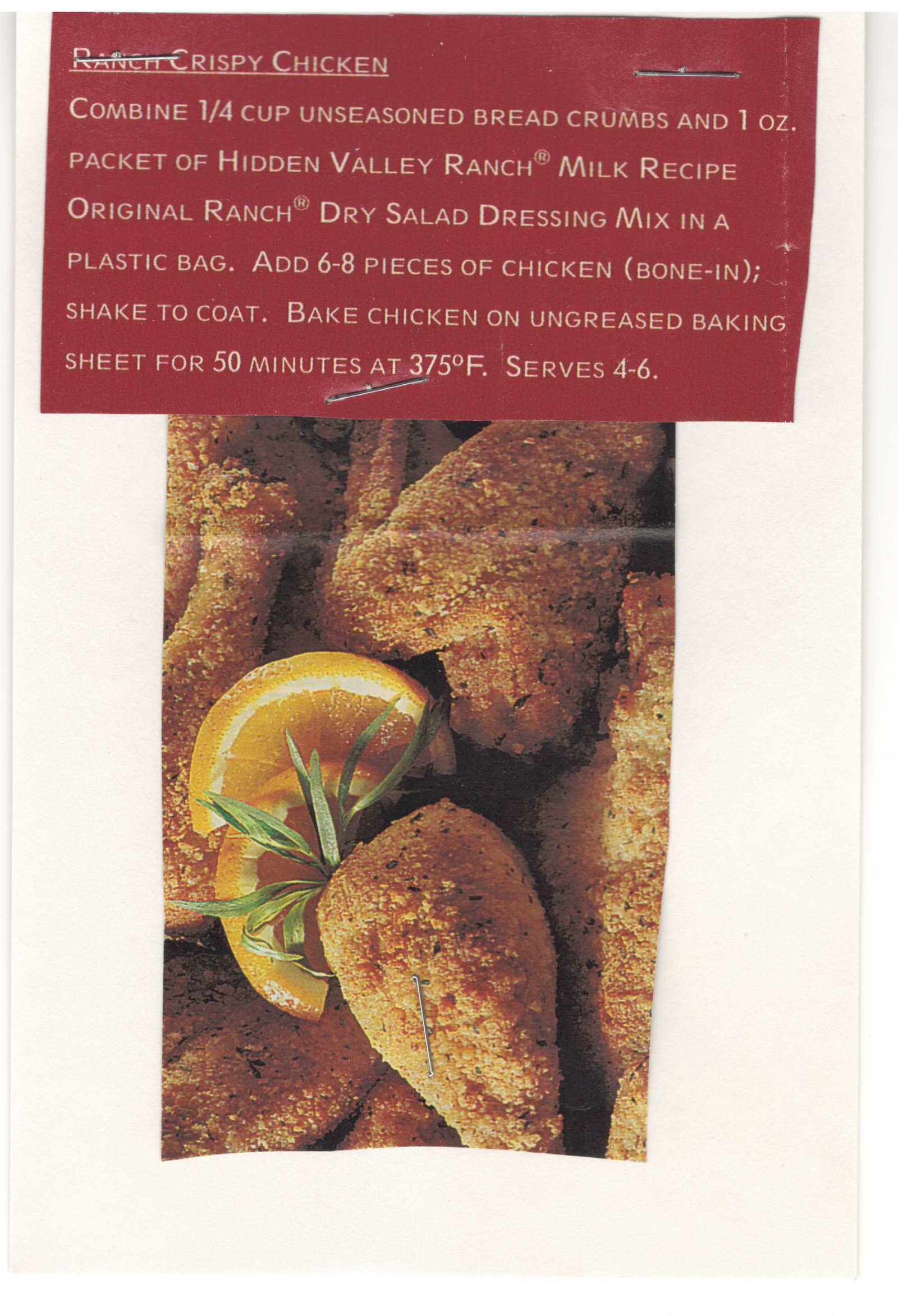 Original card of the Ranch Crispy Chicken printed recipe clipping from My Mom's Recipe Box.