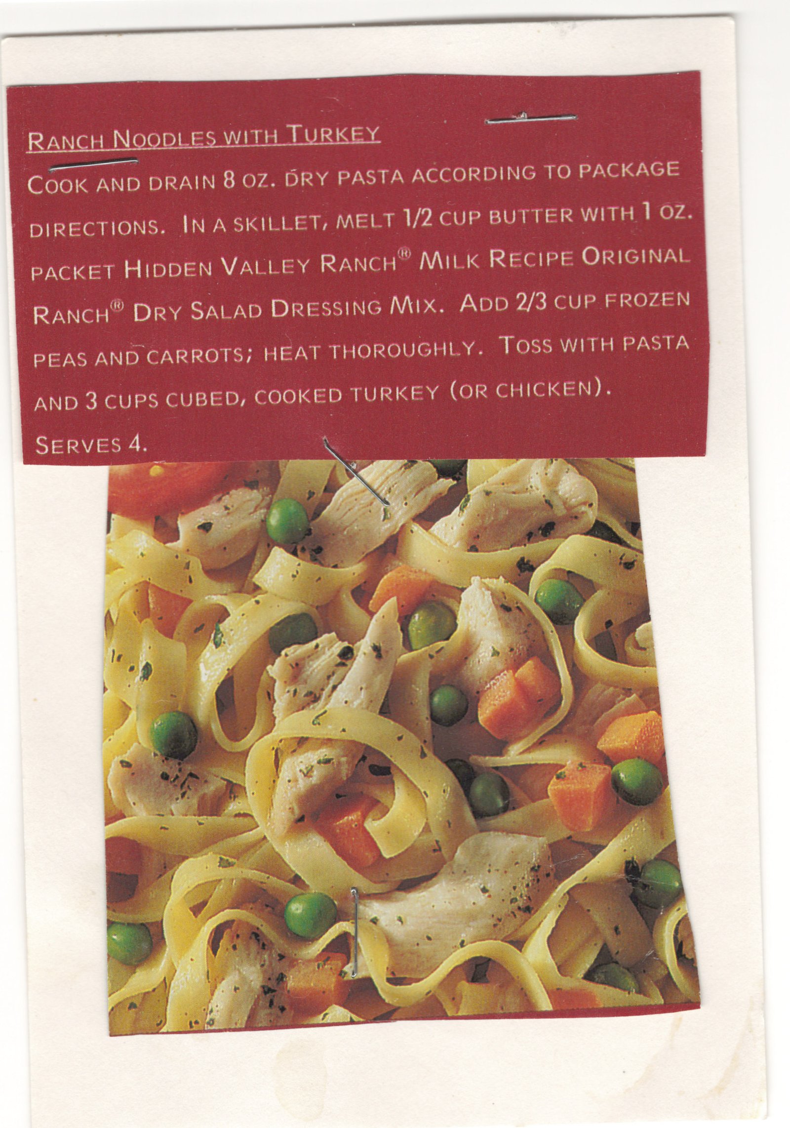 Original card of the Ranch Noodles With Turkey printed recipe clipping from My Mom's Recipe Box.