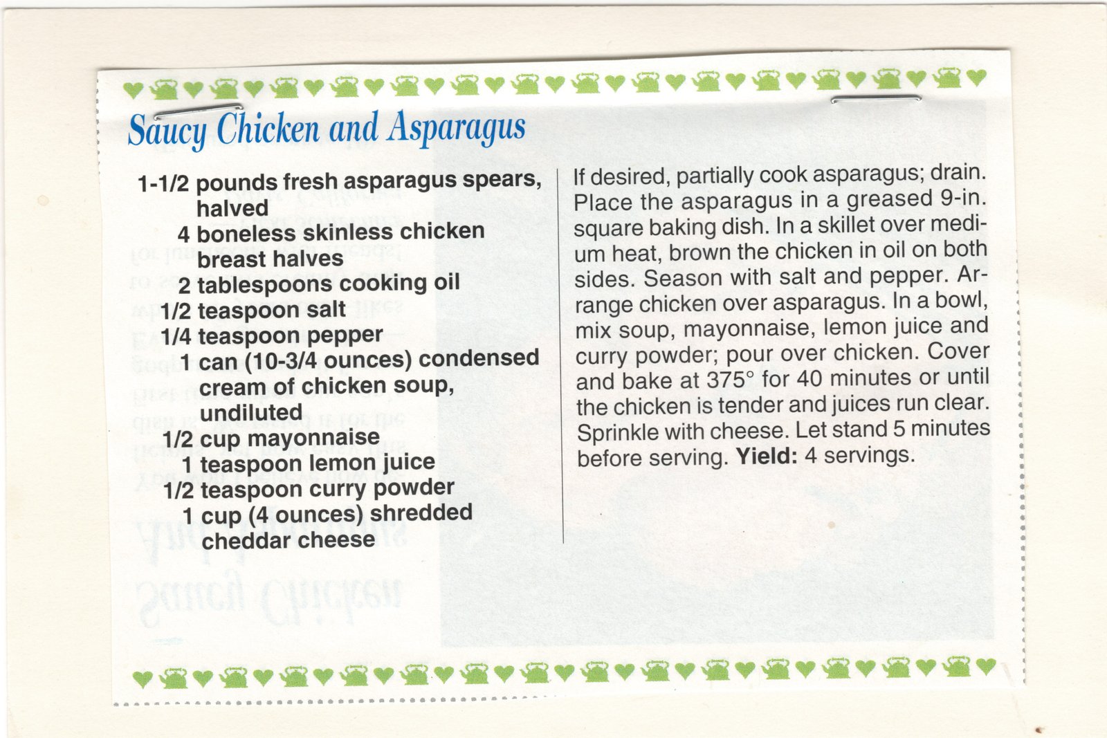 Original back of the Saucy Chicken And Asparagus magazine clipping mounted on card from My Mom's Recipe Box.