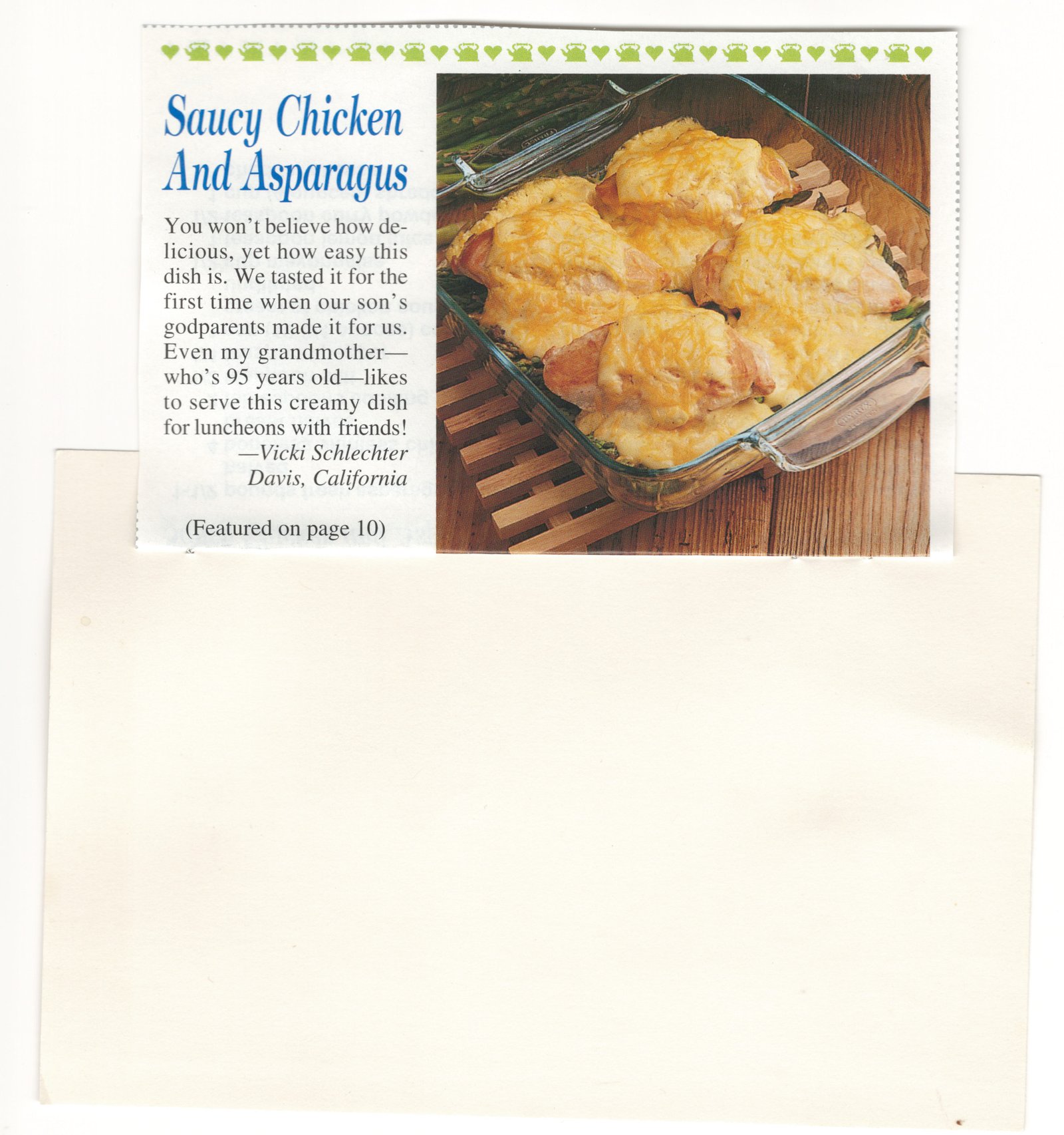 Original front of the Saucy Chicken And Asparagus magazine clipping mounted on card from My Mom's Recipe Box.