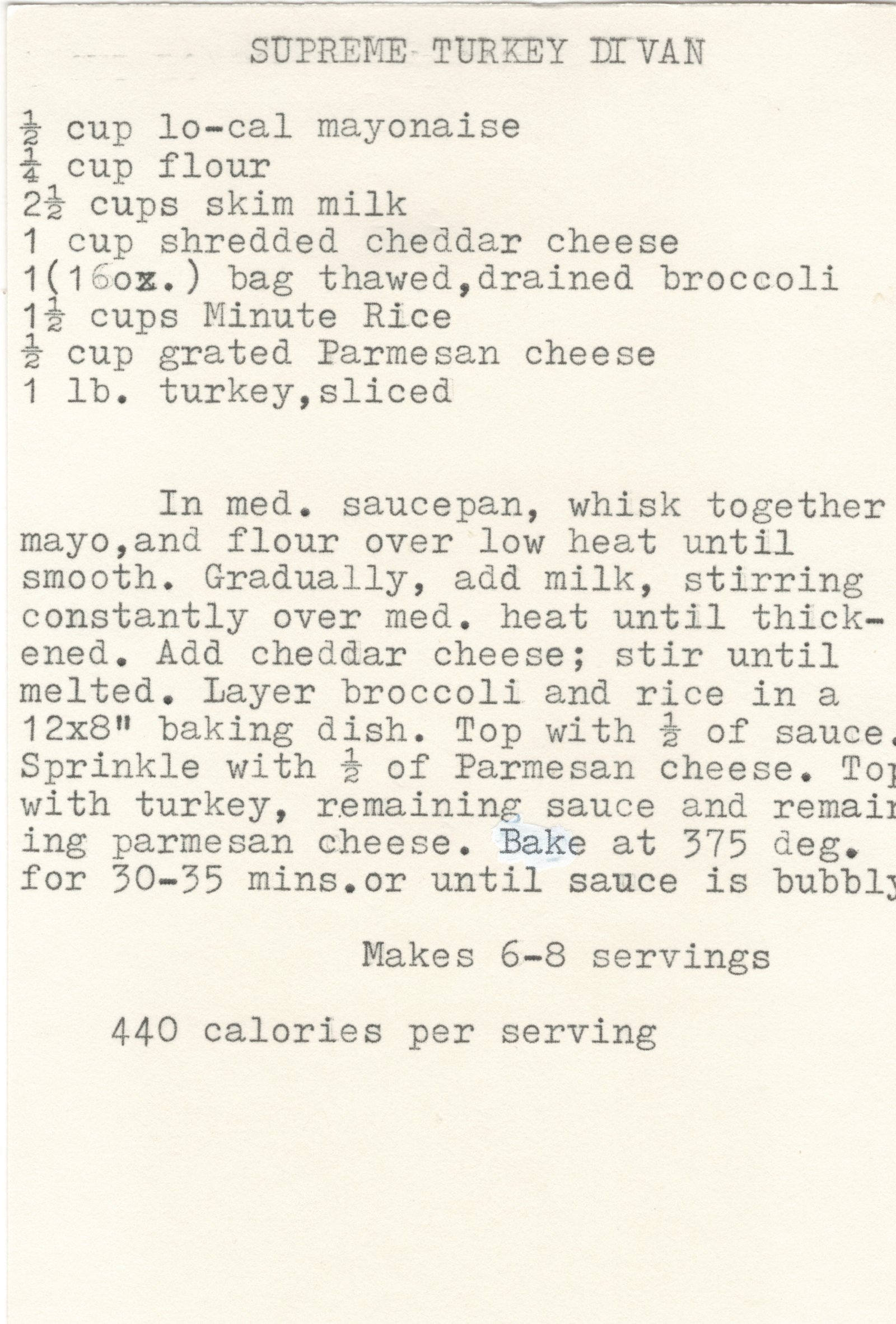 Original card of the Supreme Turkey Di Van typewritten recipe card from My Mom's Recipe Box.