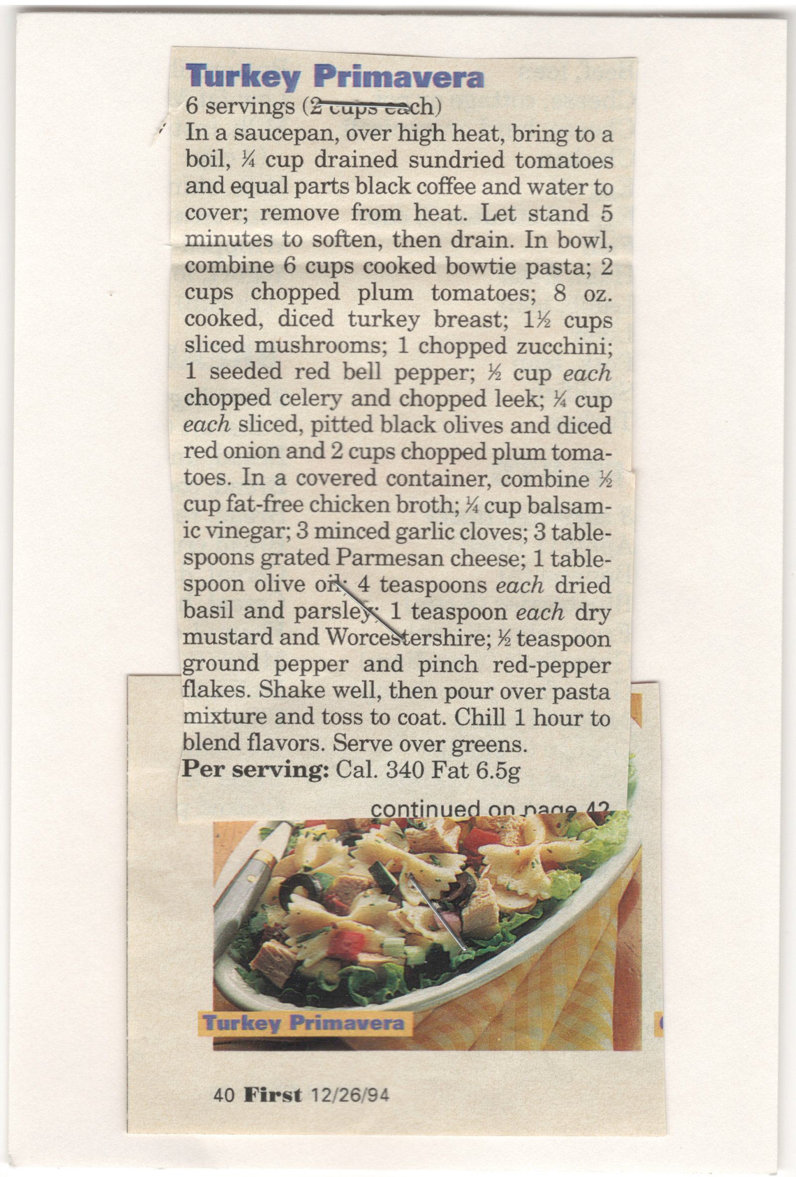 Original card of the Turkey Primavera magazine clipping mounted on card from My Mom's Recipe Box.