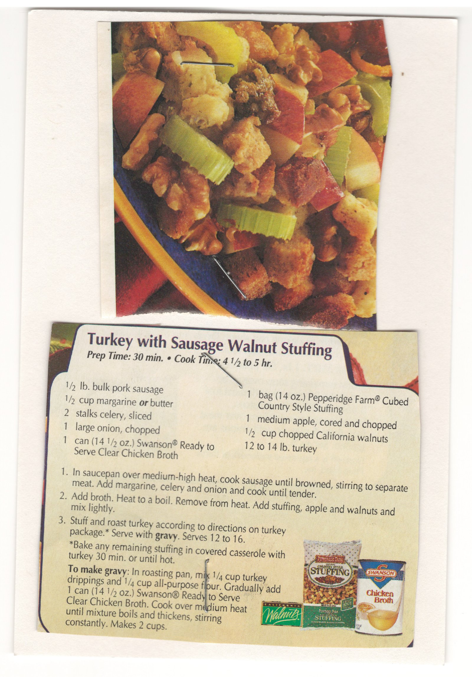 Original card of the Turkey with Sausage Walnut Stuffing magazine clipping mounted on card from My Mom's Recipe Box.