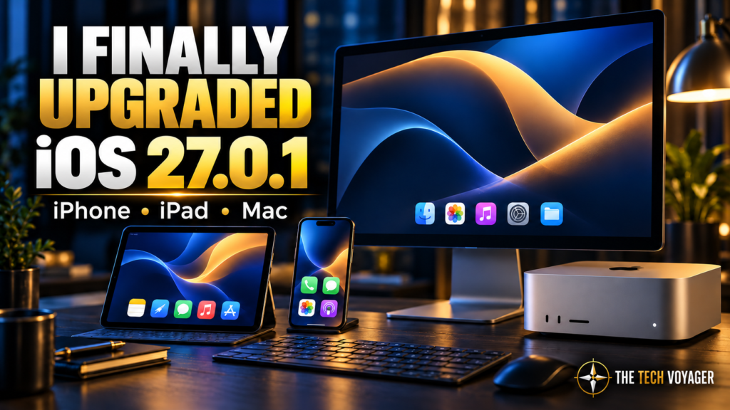 iOS 27.0.1 upgrade graphic showing an iPhone, iPad and Mac Studio with THE Tech Voyager branding
