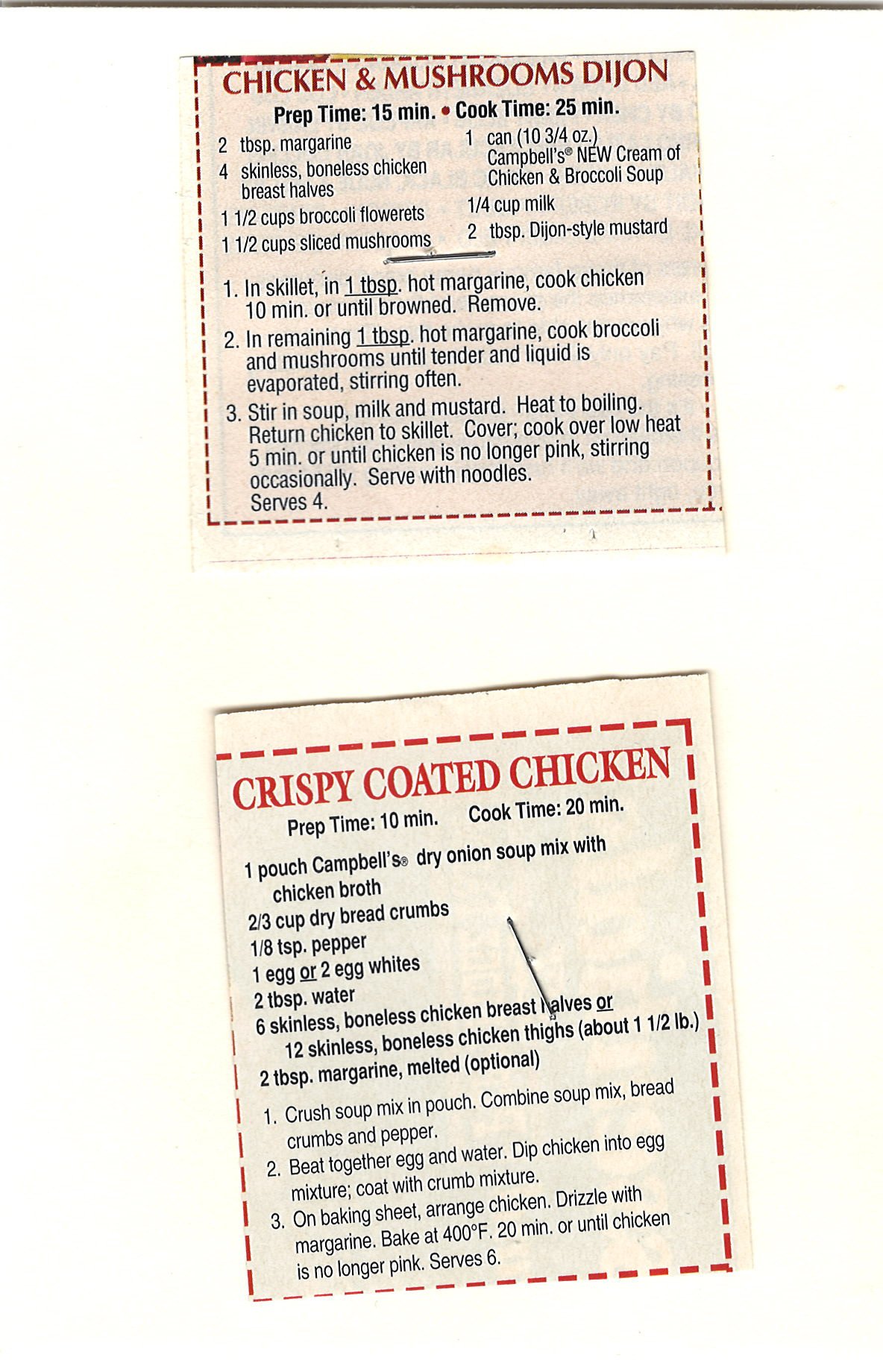 Original scanned page with Chicken & Mushrooms Dijon and Crispy Coated Chicken clippings.