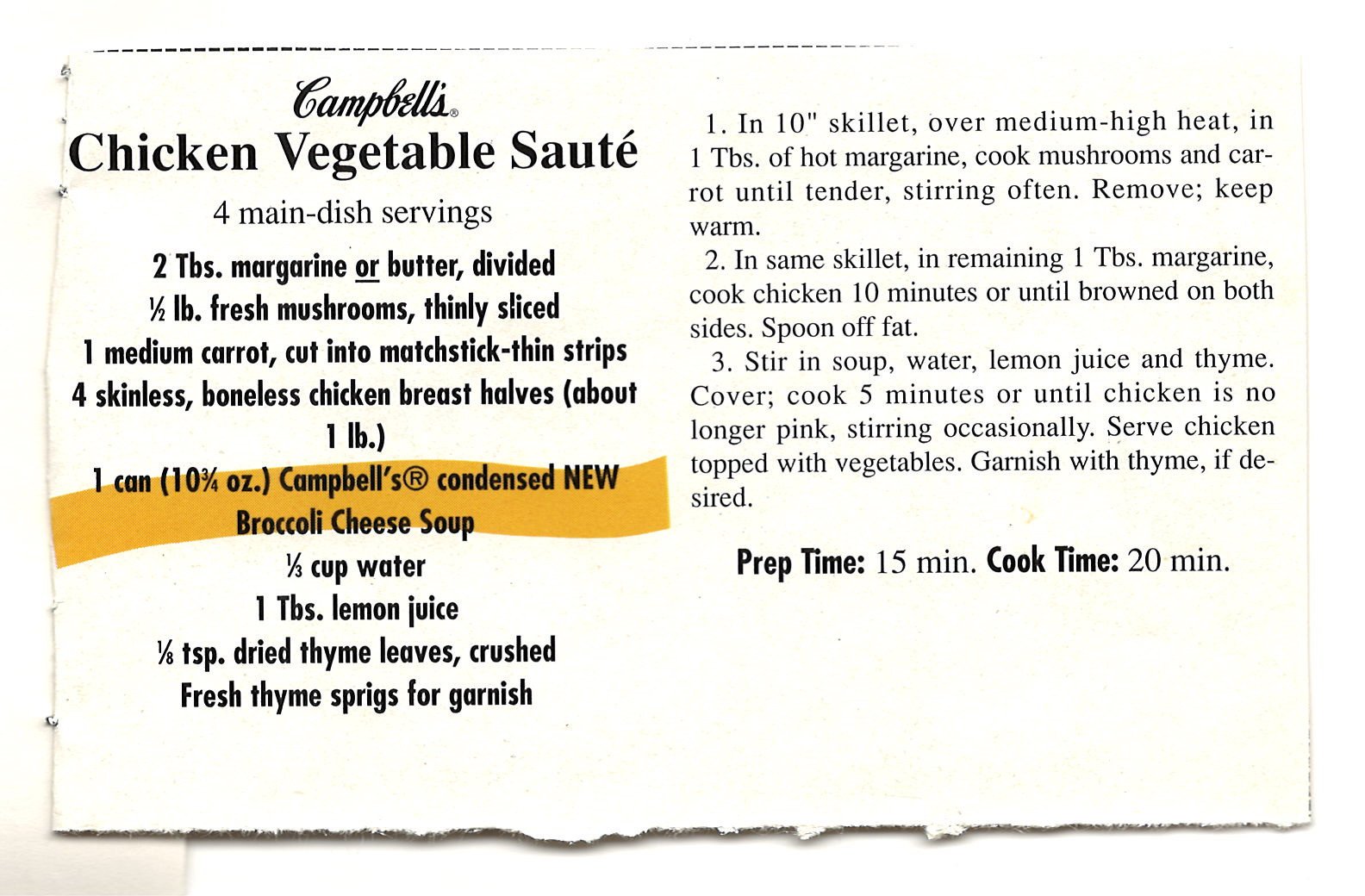 Original back of the Chicken Vegetable Sauté recipe artifact from My Mom’s Recipe Box.