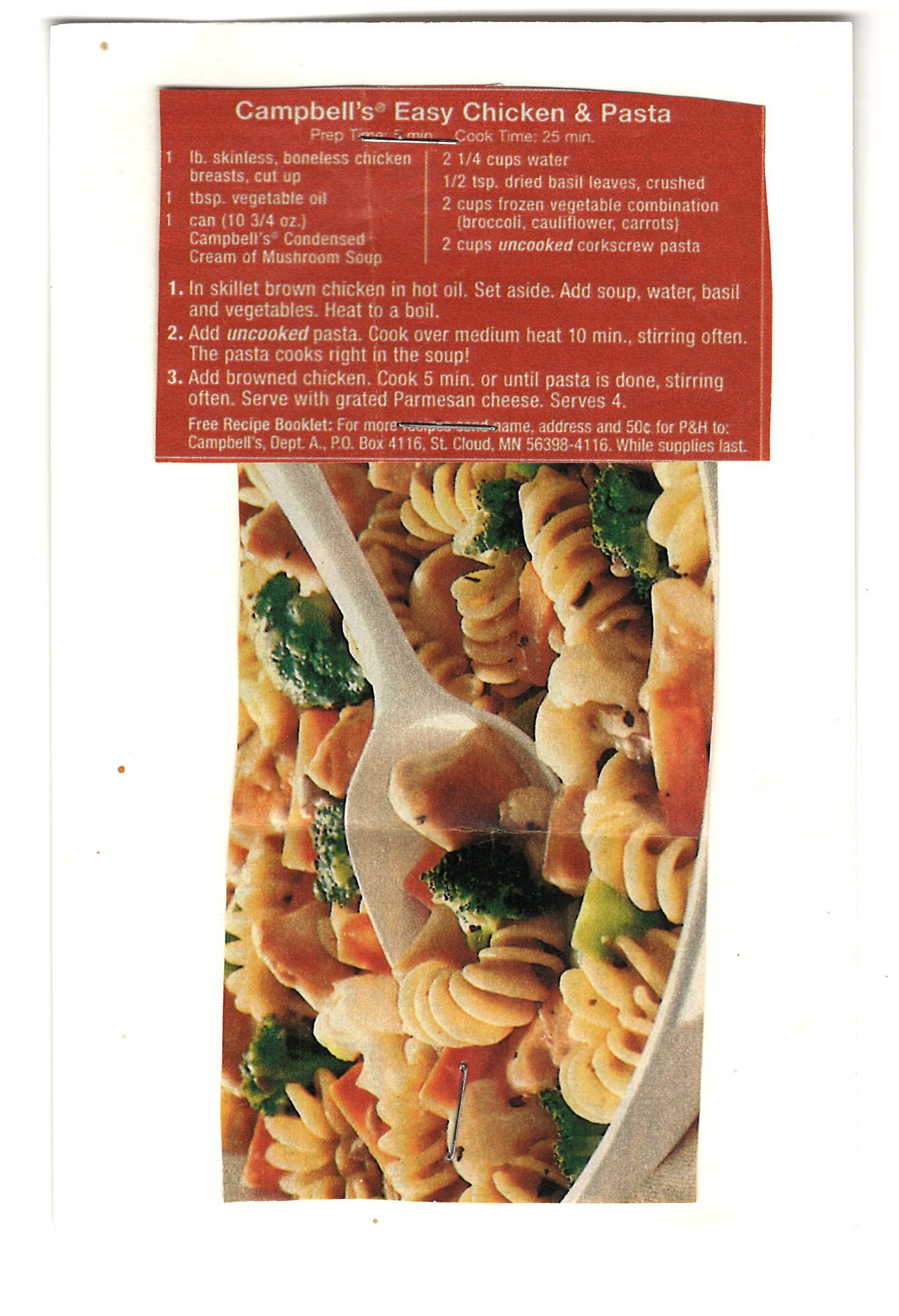 Original card of the Easy Chicken & Pasta recipe artifact from My Mom’s Recipe Box.