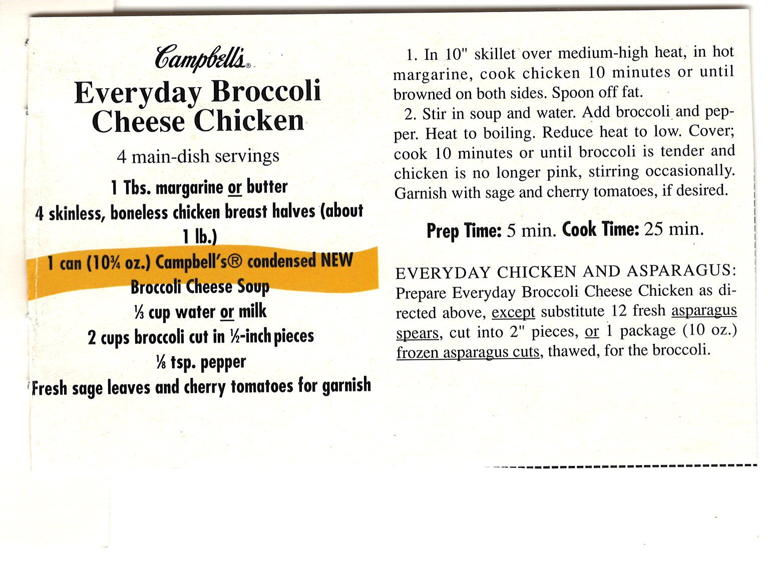 Original back of the Everyday Broccoli Cheese Chicken recipe artifact from My Mom’s Recipe Box.