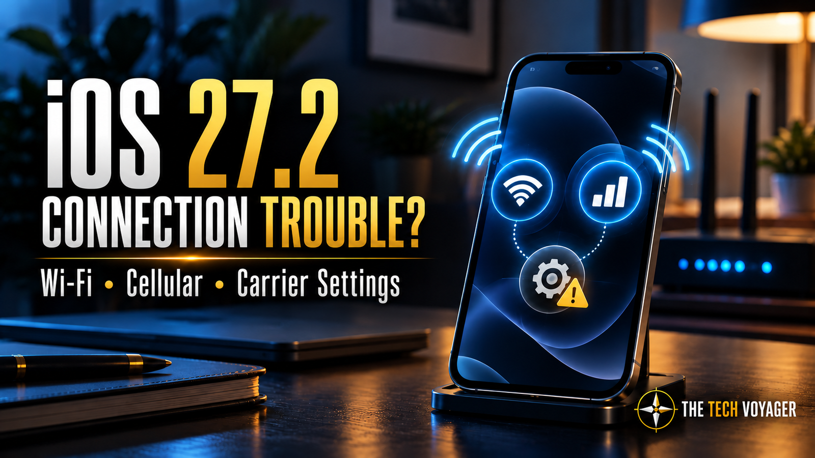 iOS 27.2 connection trouble illustration with an iPhone, Wi-Fi and cellular symbols, and THE Tech Voyager branding.