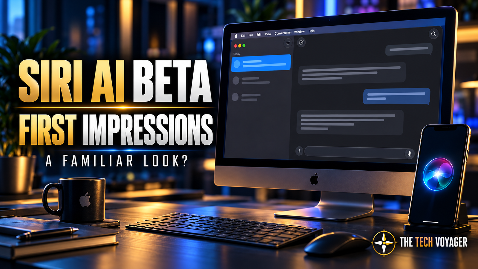 Siri AI beta first impressions graphic with a conversational Mac interface and THE Tech Voyager branding