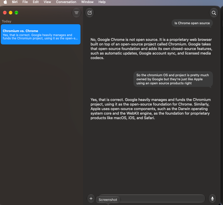 Actual Siri AI beta Mac screenshot showing a conversation about Chrome and Chromium