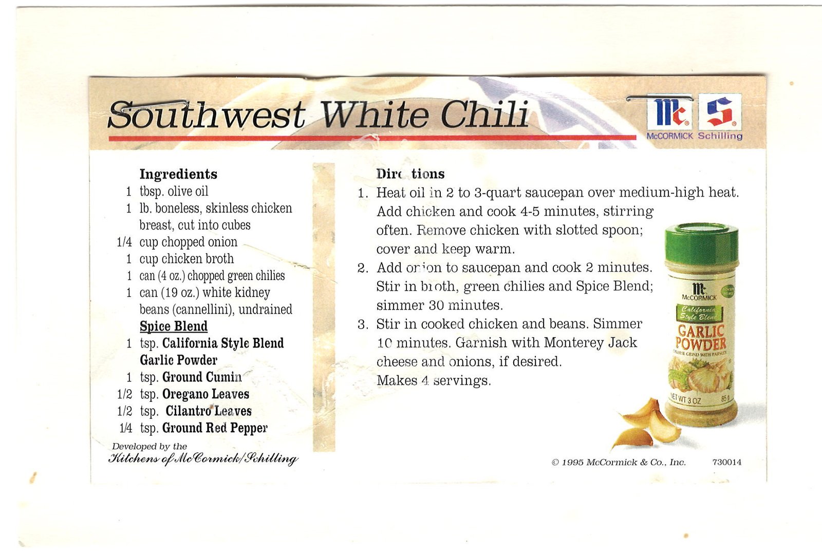 Original back of the Southwest White Chili recipe artifact from My Mom’s Recipe Box.