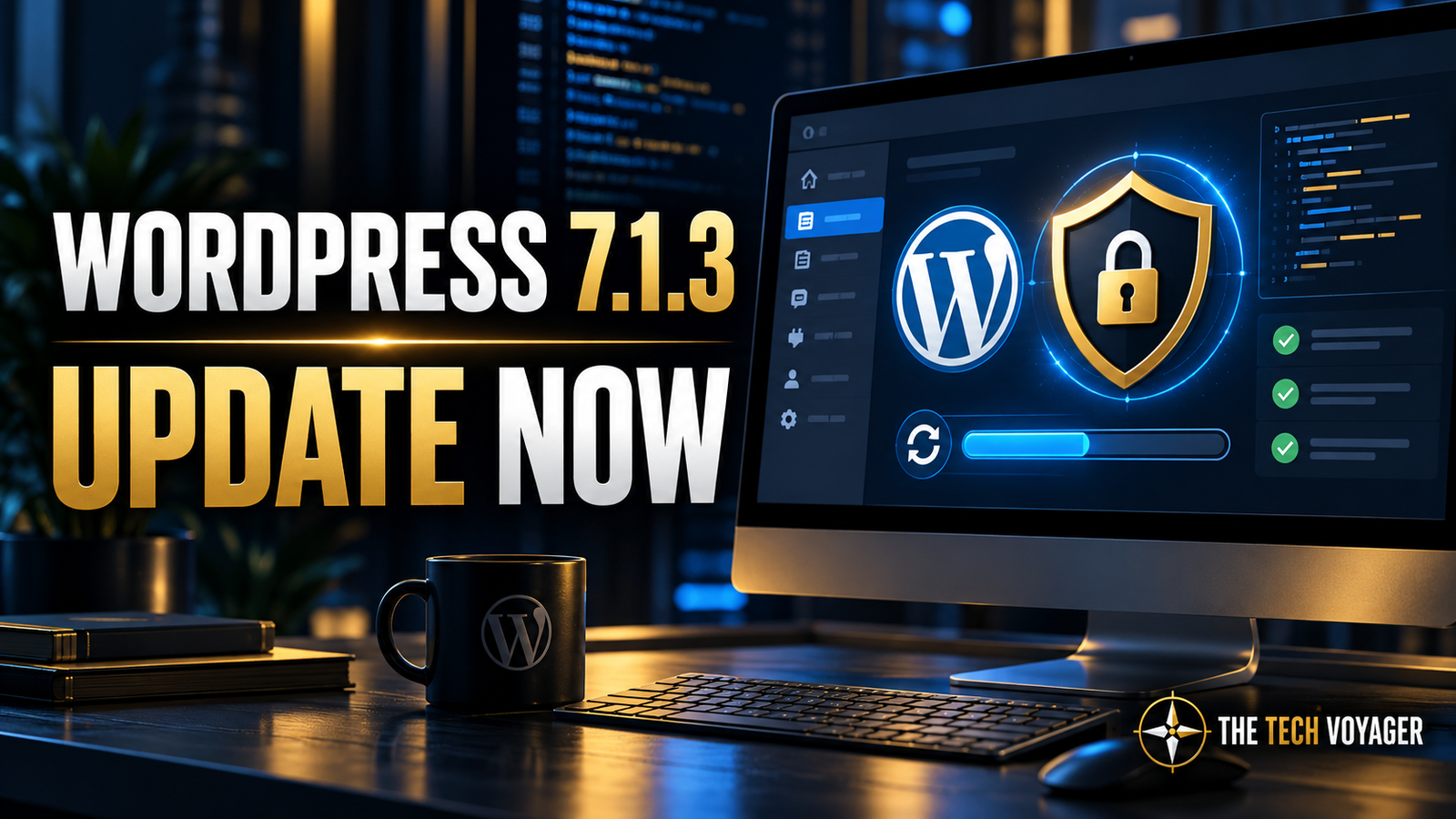 WordPress 7.1.3 Update Now graphic with a secured website dashboard