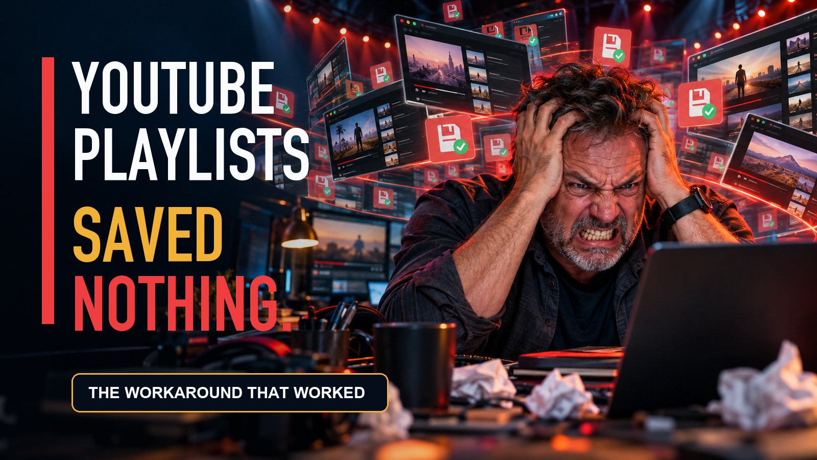Furious creator surrounded by browser windows after YouTube playlist changes failed to save